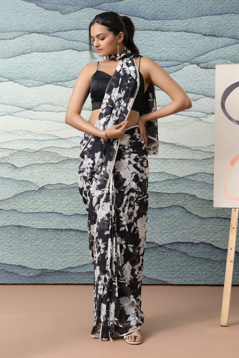 Georgette Black n White Floral Printed Ready to Wear Saree