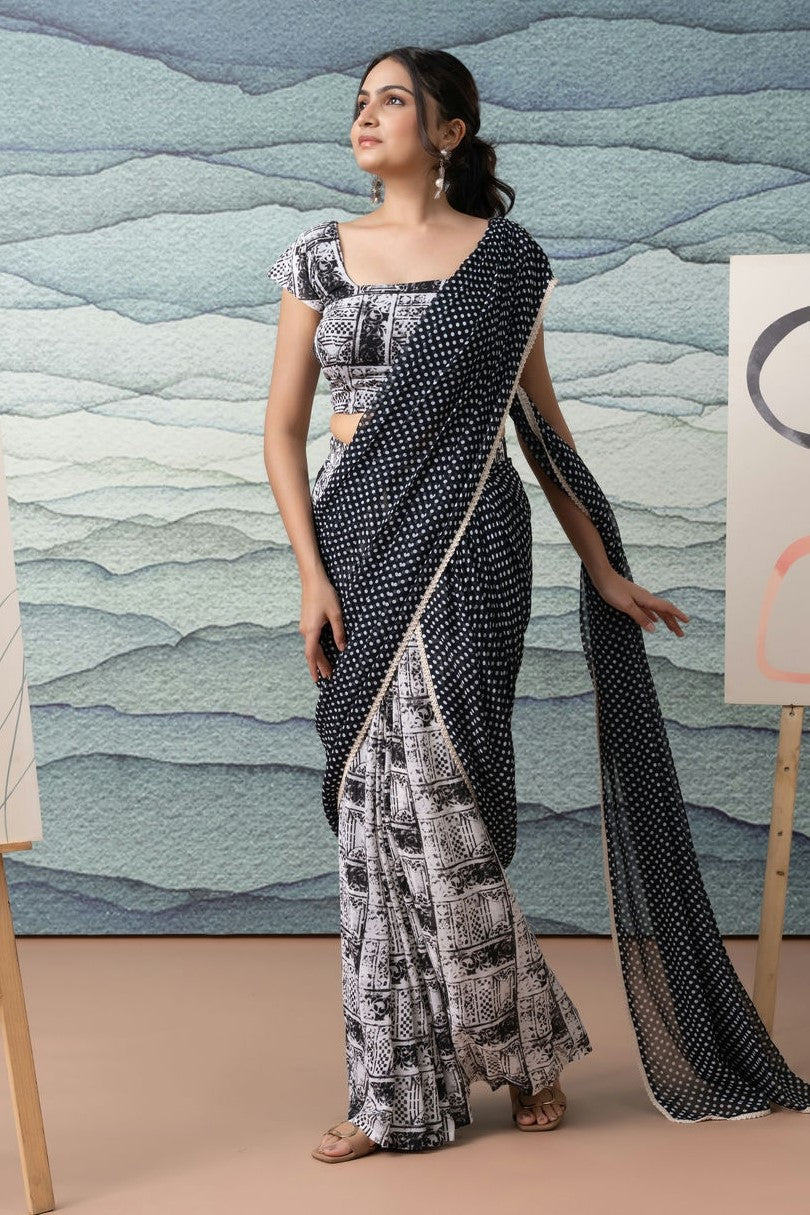 Black n White Polka Dots Printed Ready to Wear Saree