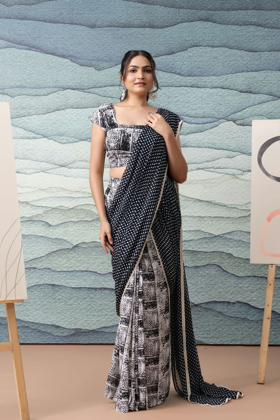 Black n White Polka Dots Printed Ready to Wear Saree
