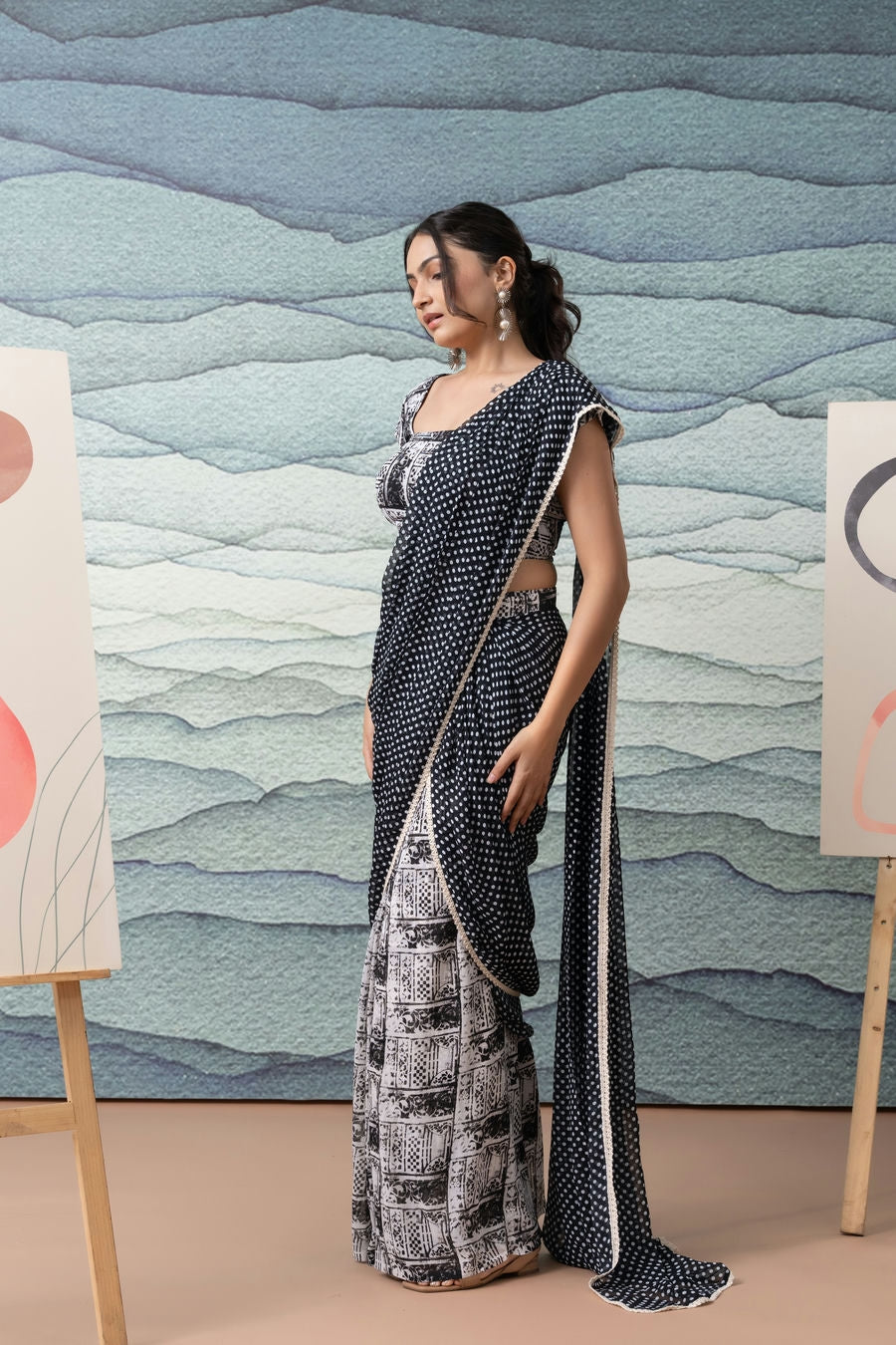 Black n White Polka Dots Printed Ready to Wear Saree