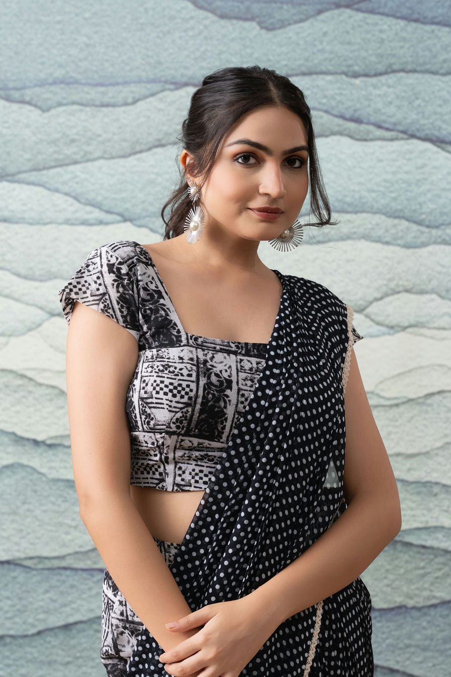 Black n White Polka Dots Printed Ready to Wear Saree