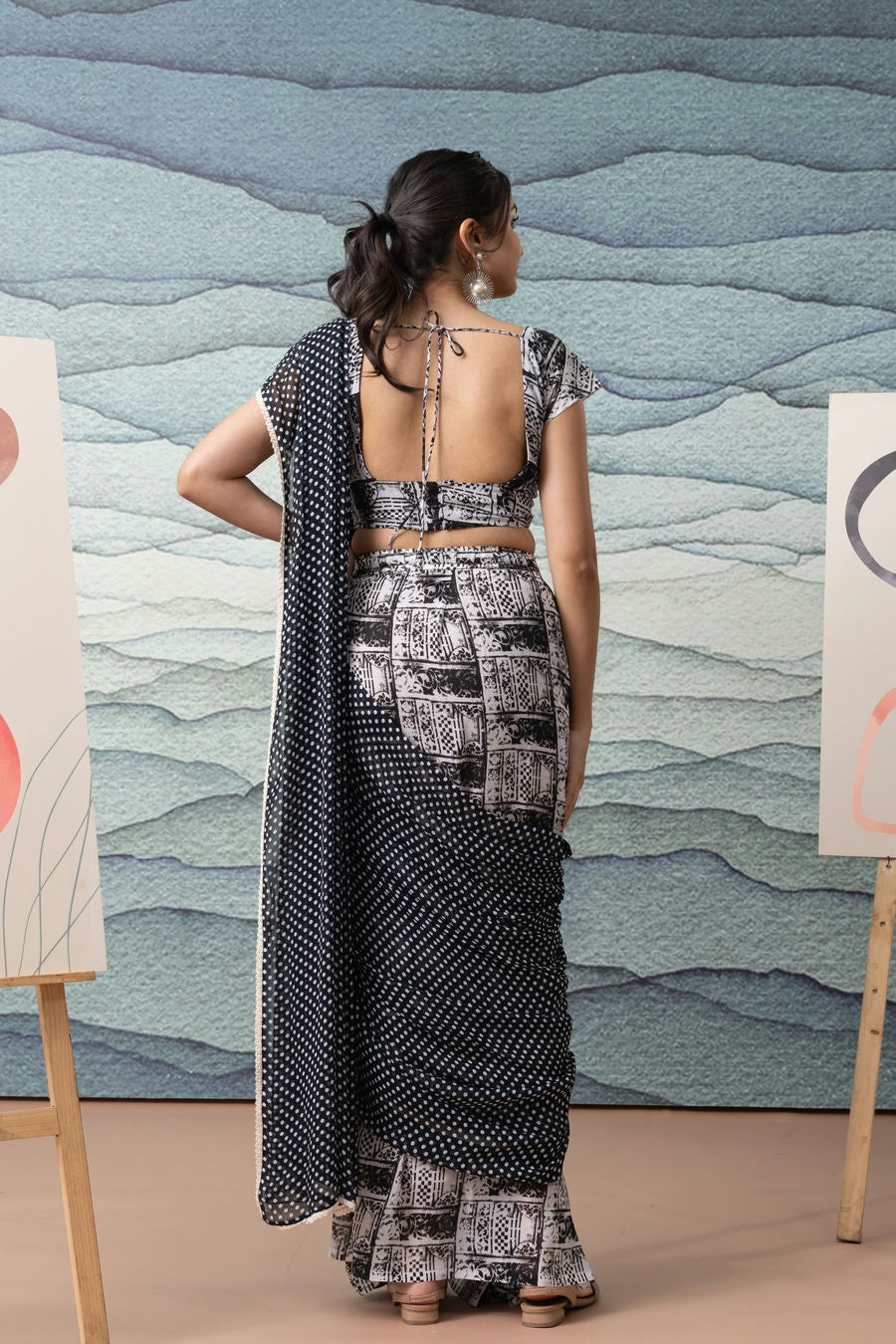 Black n White Polka Dots Printed Ready to Wear Saree