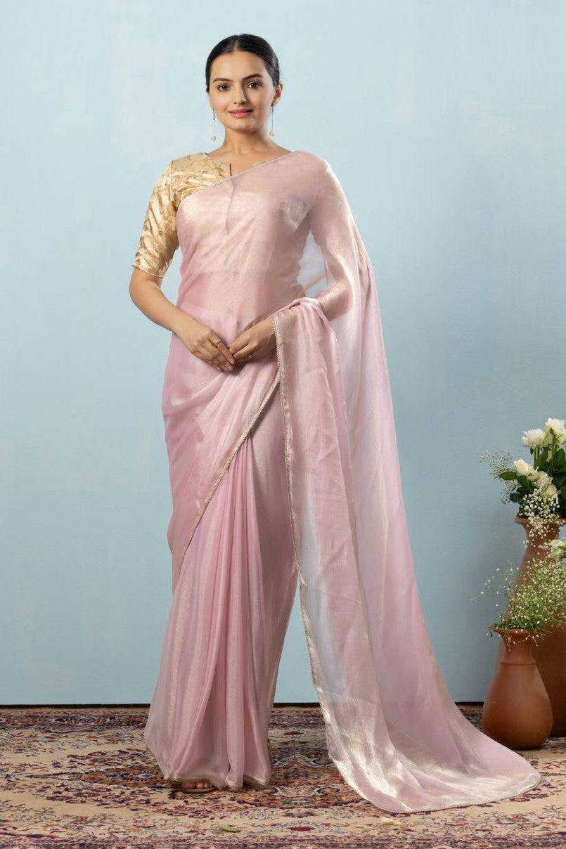 Glass Tissue Chiffon Bollywood Prestitched Ready To Wear Pink Saree