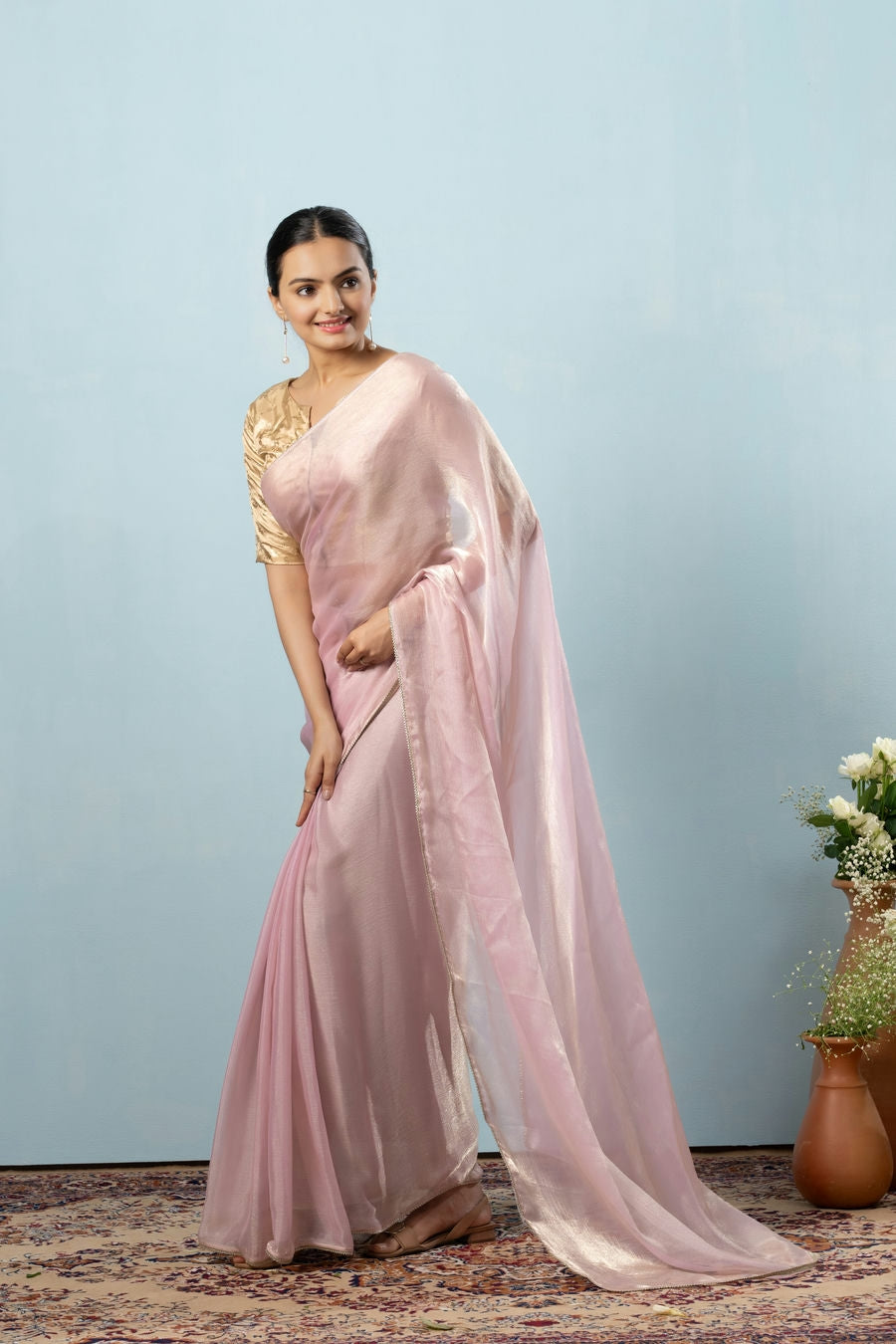 Glass Tissue Chiffon Bollywood Prestitched Ready To Wear Pink Saree