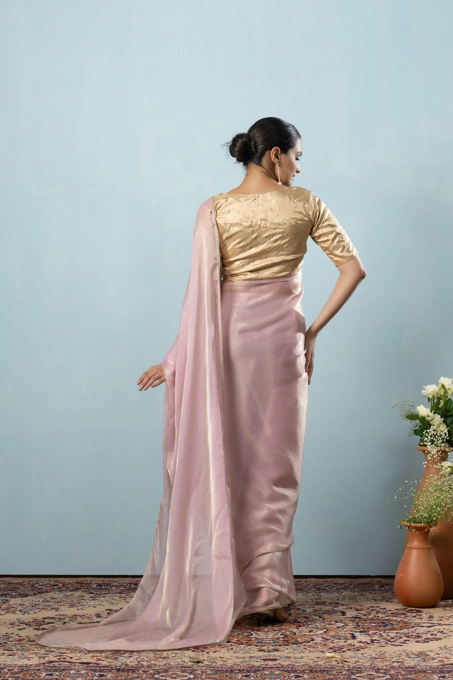 Glass Tissue Chiffon Bollywood Prestitched Ready To Wear Pink Saree