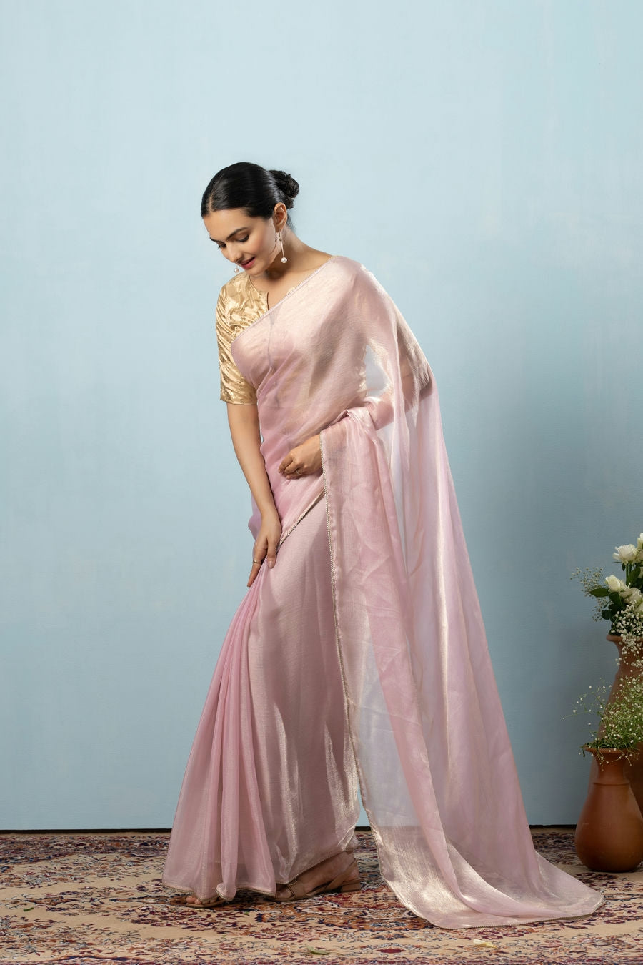 Glass Tissue Chiffon Bollywood Prestitched Ready To Wear Pink Saree