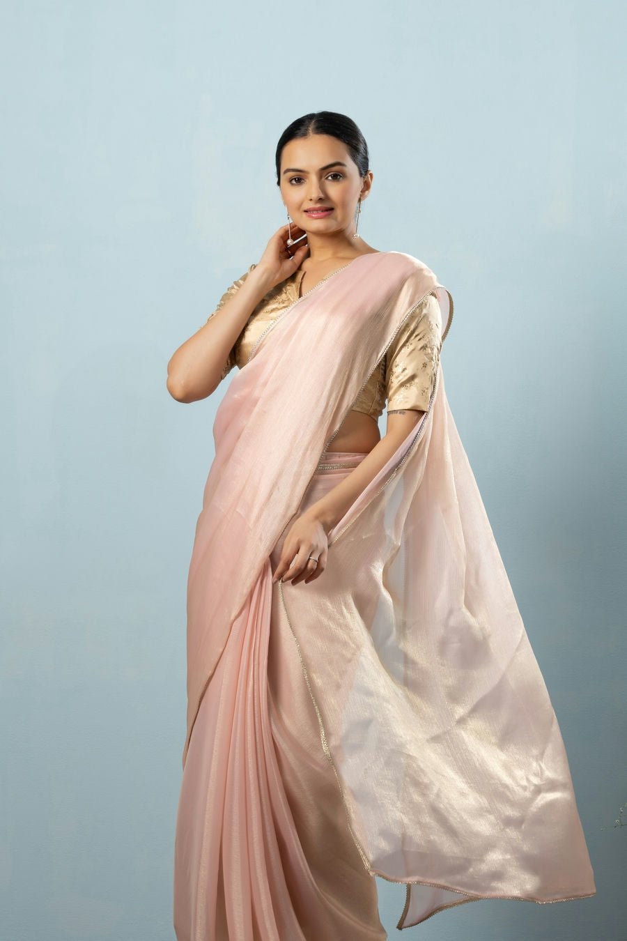 Glass Tissue Chiffon Bollywood Prestitched Ready To Wear Saree with Golden Foil Jaquard Blouse Piece