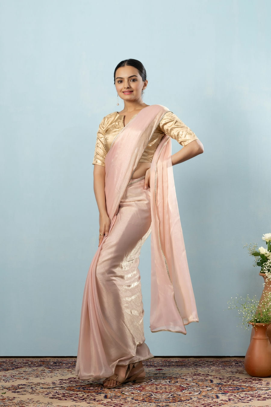 Glass Tissue Chiffon Bollywood Prestitched Ready To Wear Saree with Golden Foil Jaquard Blouse Piece