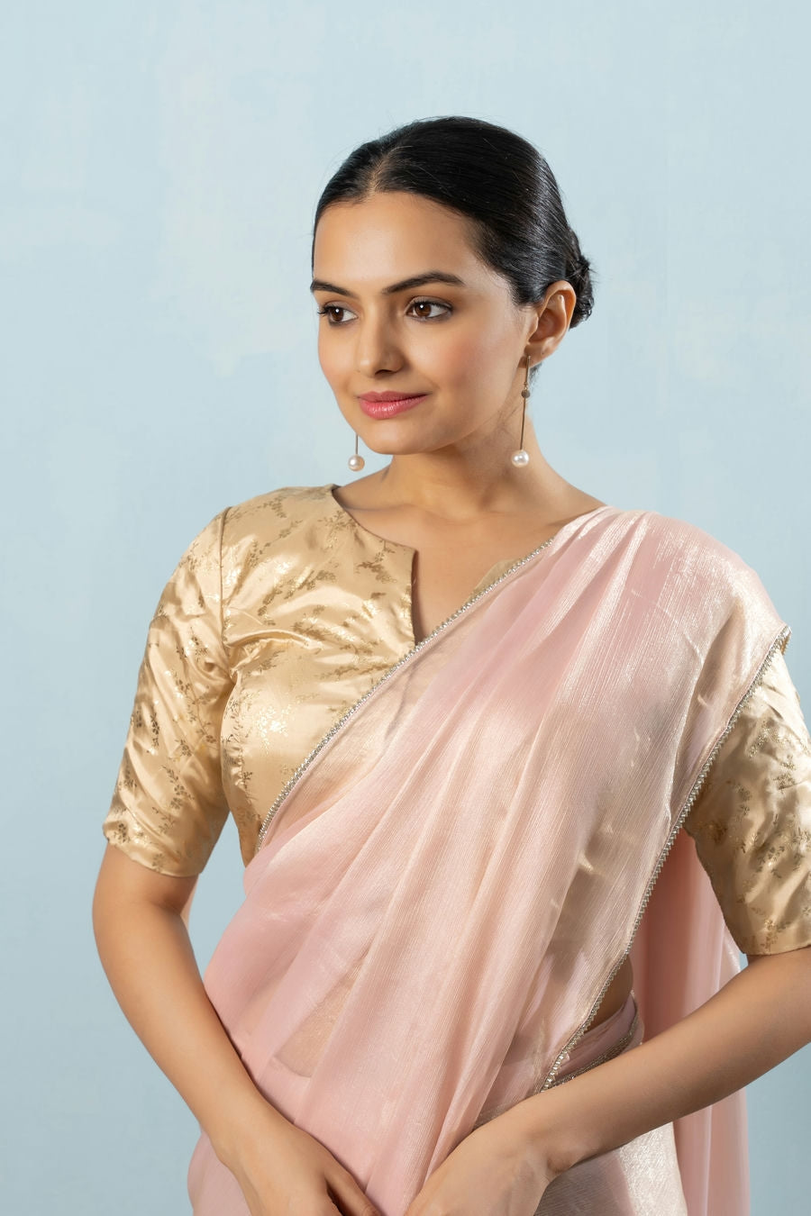 Glass Tissue Chiffon Bollywood Prestitched Ready To Wear Saree with Golden Foil Jaquard Blouse Piece