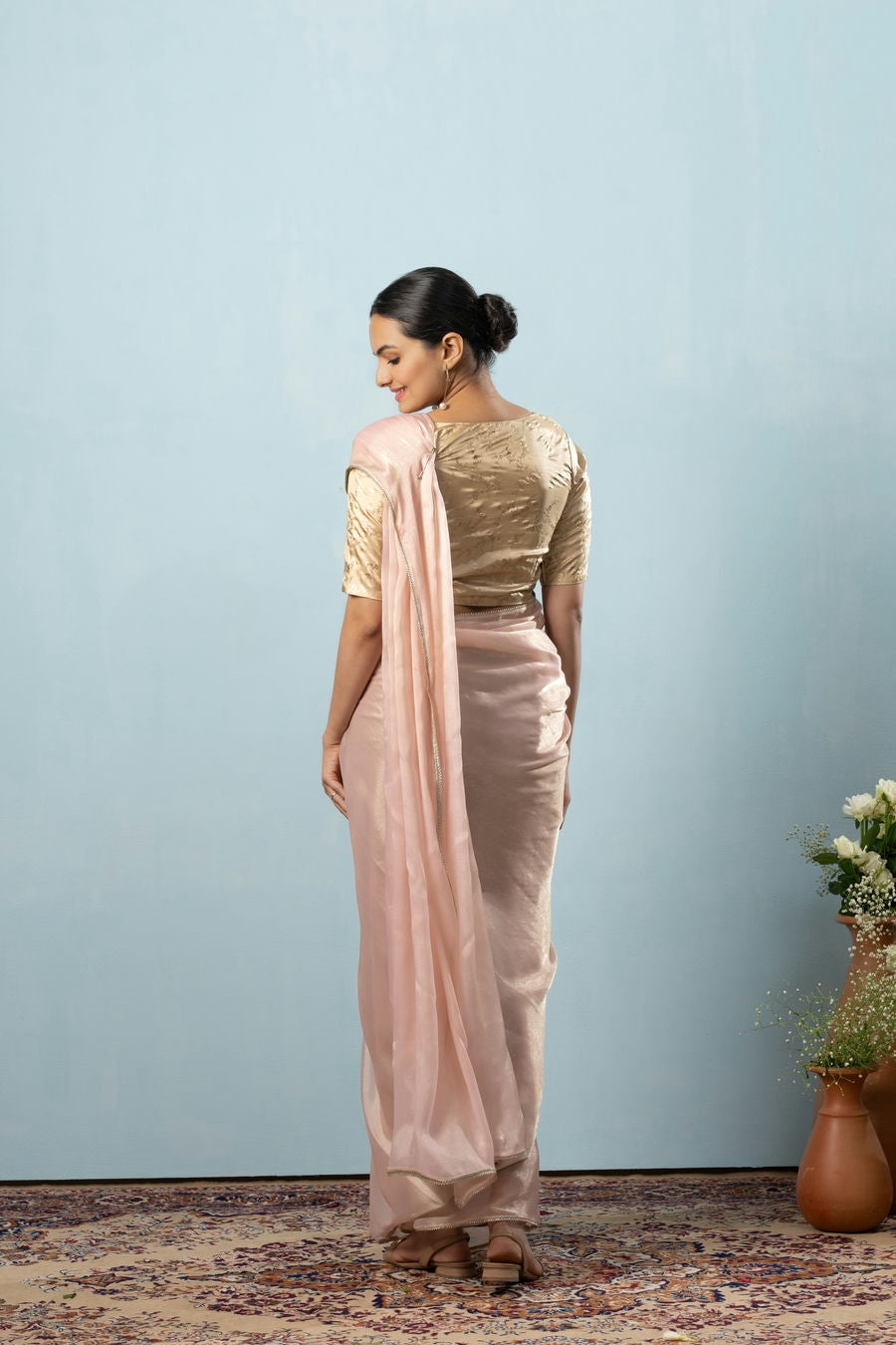 Glass Tissue Chiffon Bollywood Prestitched Ready To Wear Saree with Golden Foil Jaquard Blouse Piece
