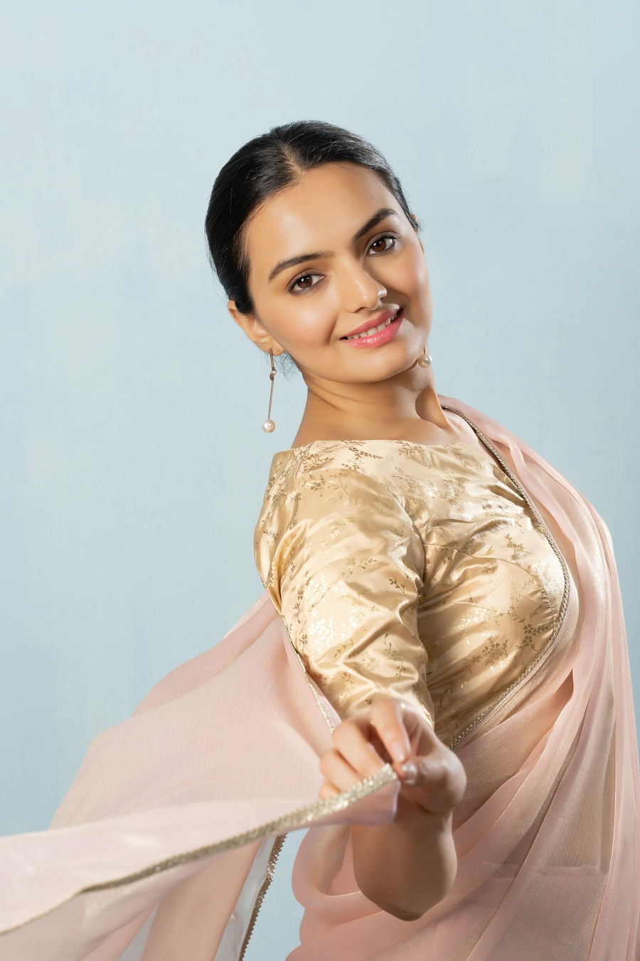 Glass Tissue Chiffon Bollywood Prestitched Ready To Wear Saree with Golden Foil Jaquard Blouse Piece