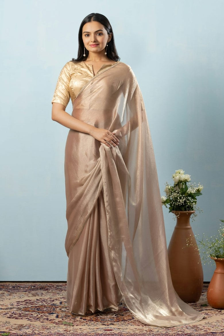 Glass Tissue Chiffon Bollywood Prestitched Ready To Wear Brown Saree