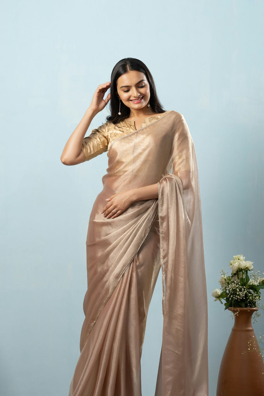 Glass Tissue Chiffon Bollywood Prestitched Ready To Wear Brown Saree