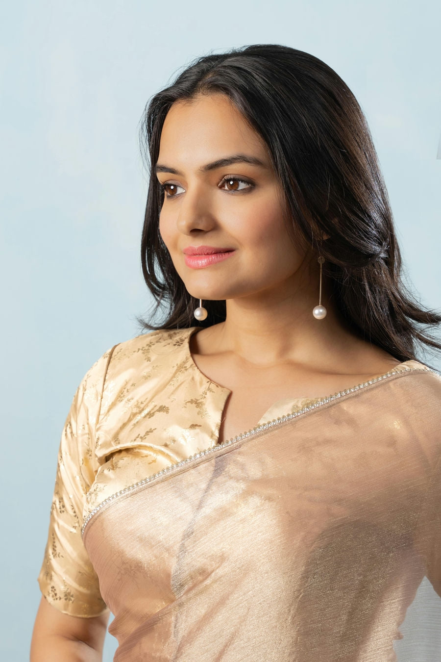 Glass Tissue Chiffon Bollywood Prestitched Ready To Wear Brown Saree