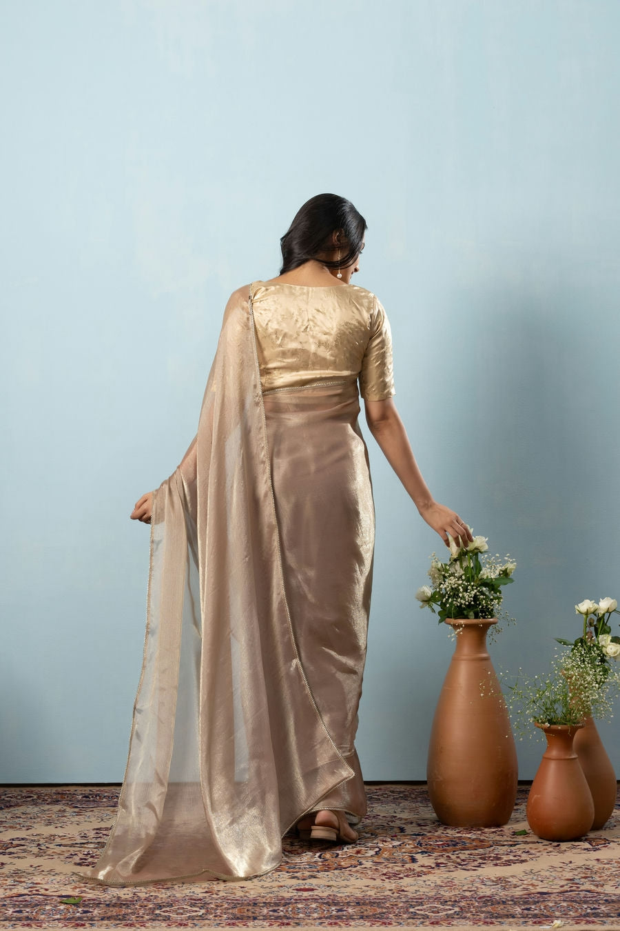 Glass Tissue Chiffon Bollywood Prestitched Ready To Wear Brown Saree