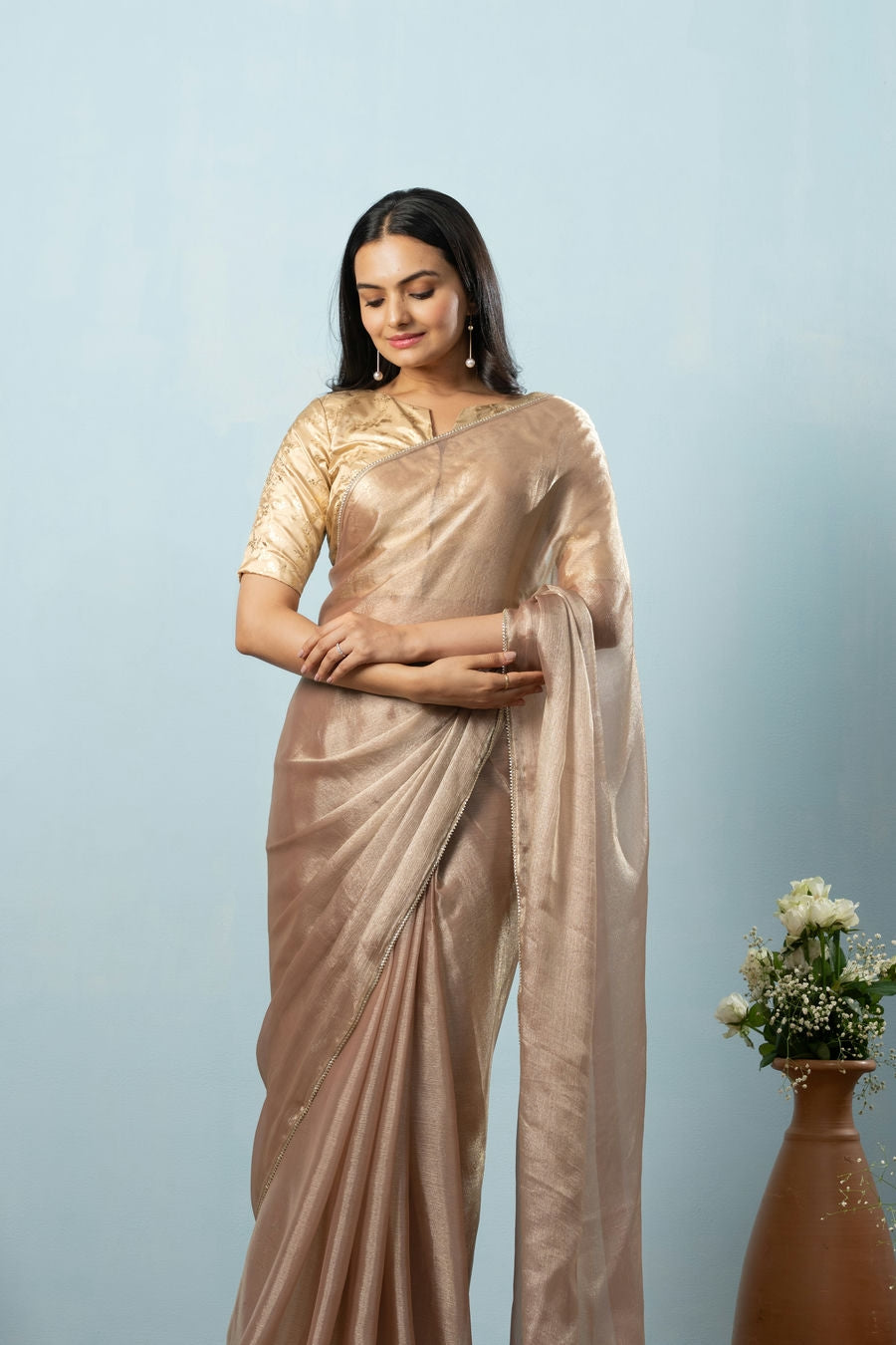 Glass Tissue Chiffon Bollywood Prestitched Ready To Wear Brown Saree