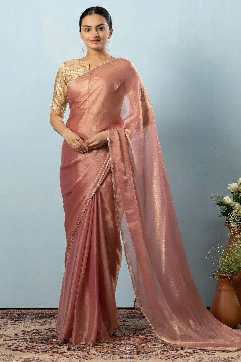 Glass Tissue Chiffon Bollywood Prestitched Ready To Wear Saree with Golden Foil Jaquard Blouse Piece