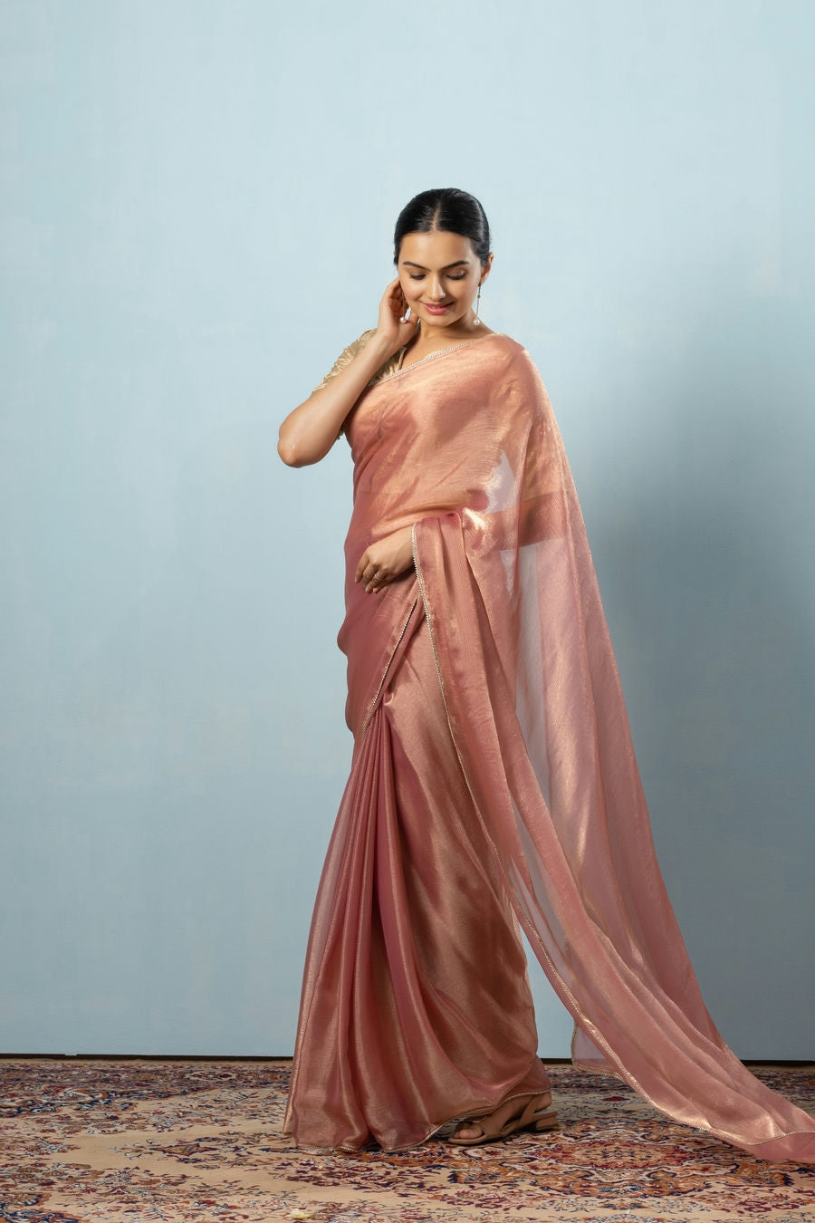 Glass Tissue Chiffon Bollywood Prestitched Ready To Wear Saree with Golden Foil Jaquard Blouse Piece
