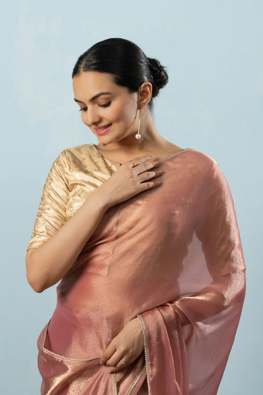 Glass Tissue Chiffon Bollywood Prestitched Ready To Wear Saree with Golden Foil Jaquard Blouse Piece