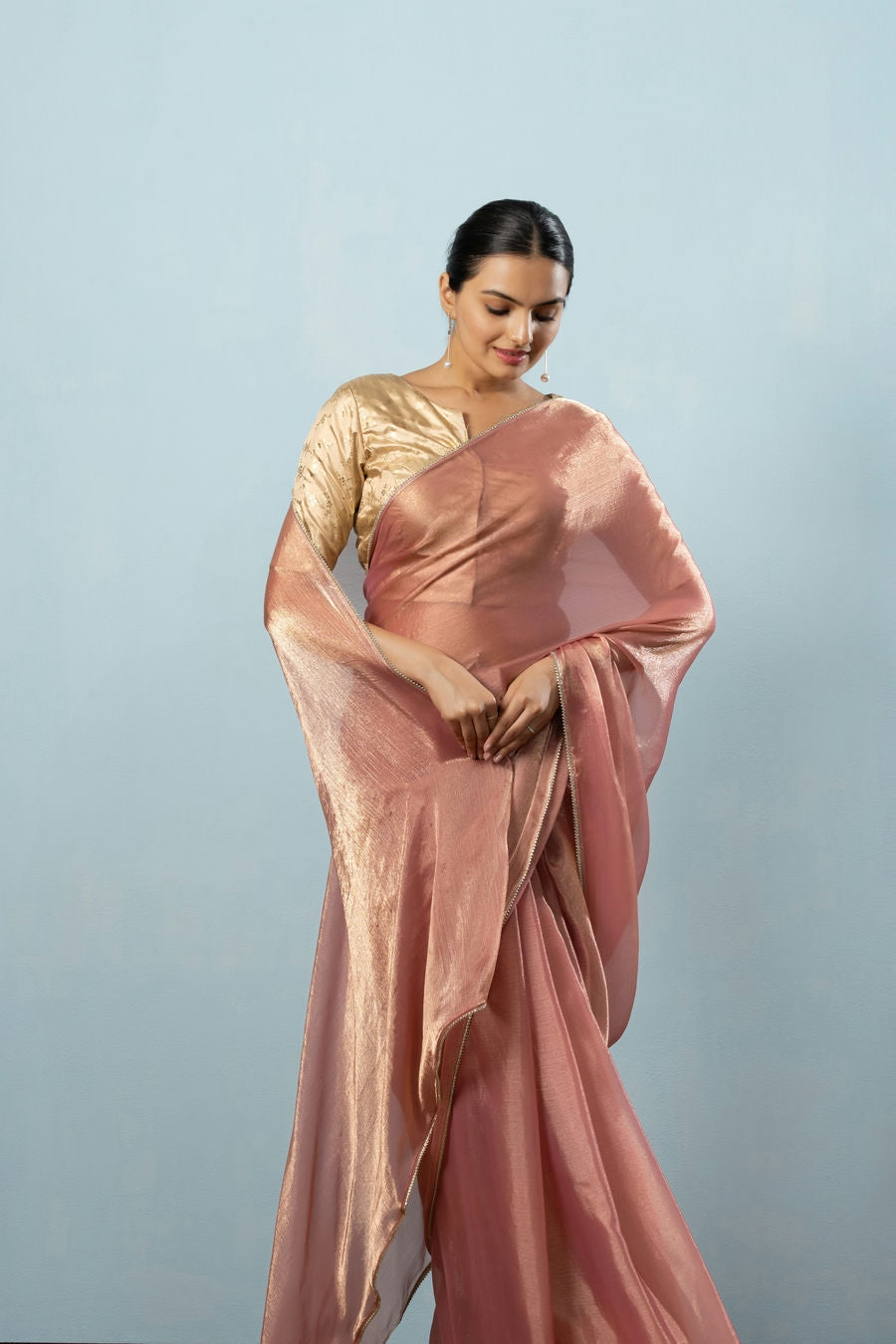 Glass Tissue Chiffon Bollywood Prestitched Ready To Wear Saree with Golden Foil Jaquard Blouse Piece