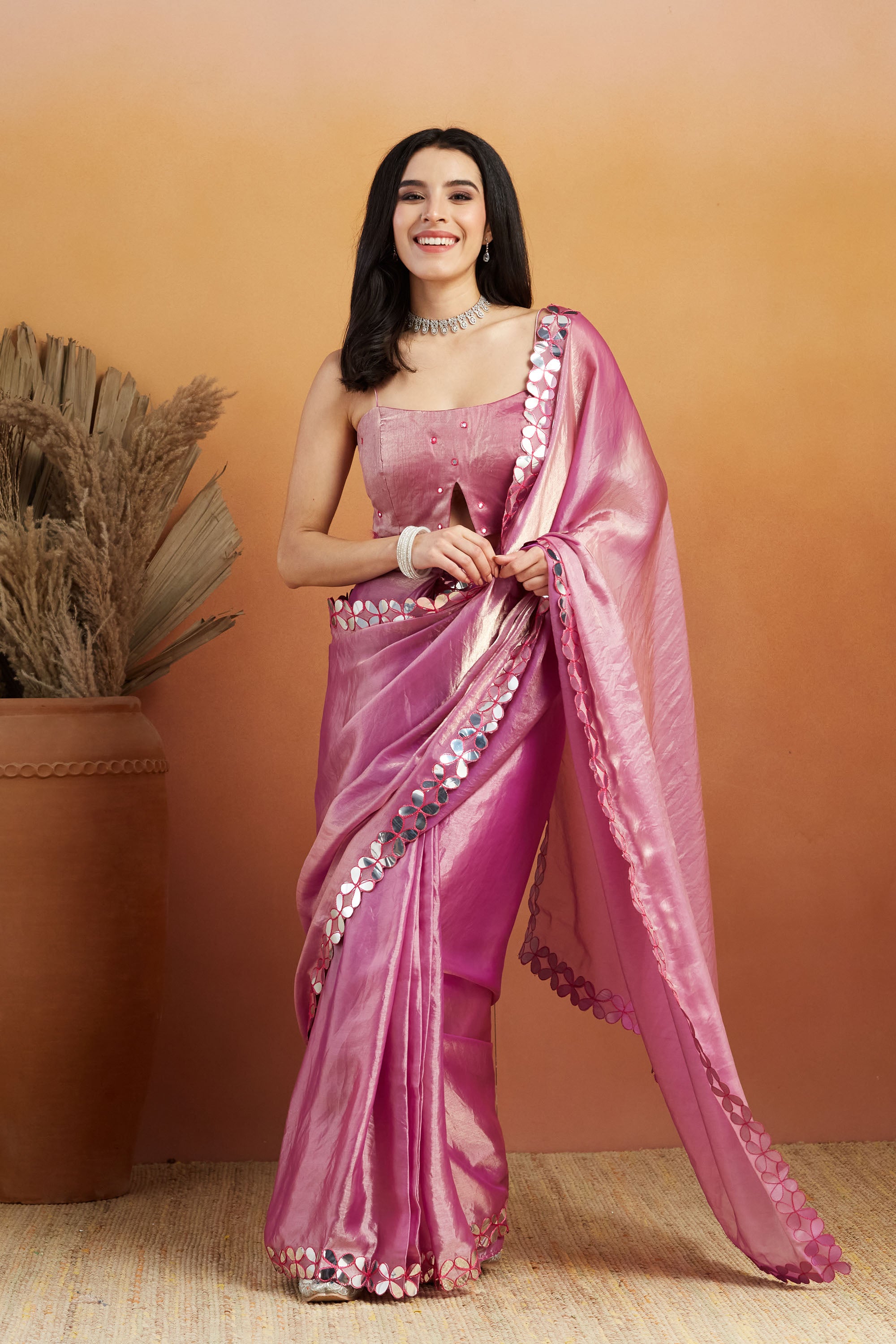 Ari Glass Designer Lace Work Shiney Glass Tissue Ready to Wear Saree