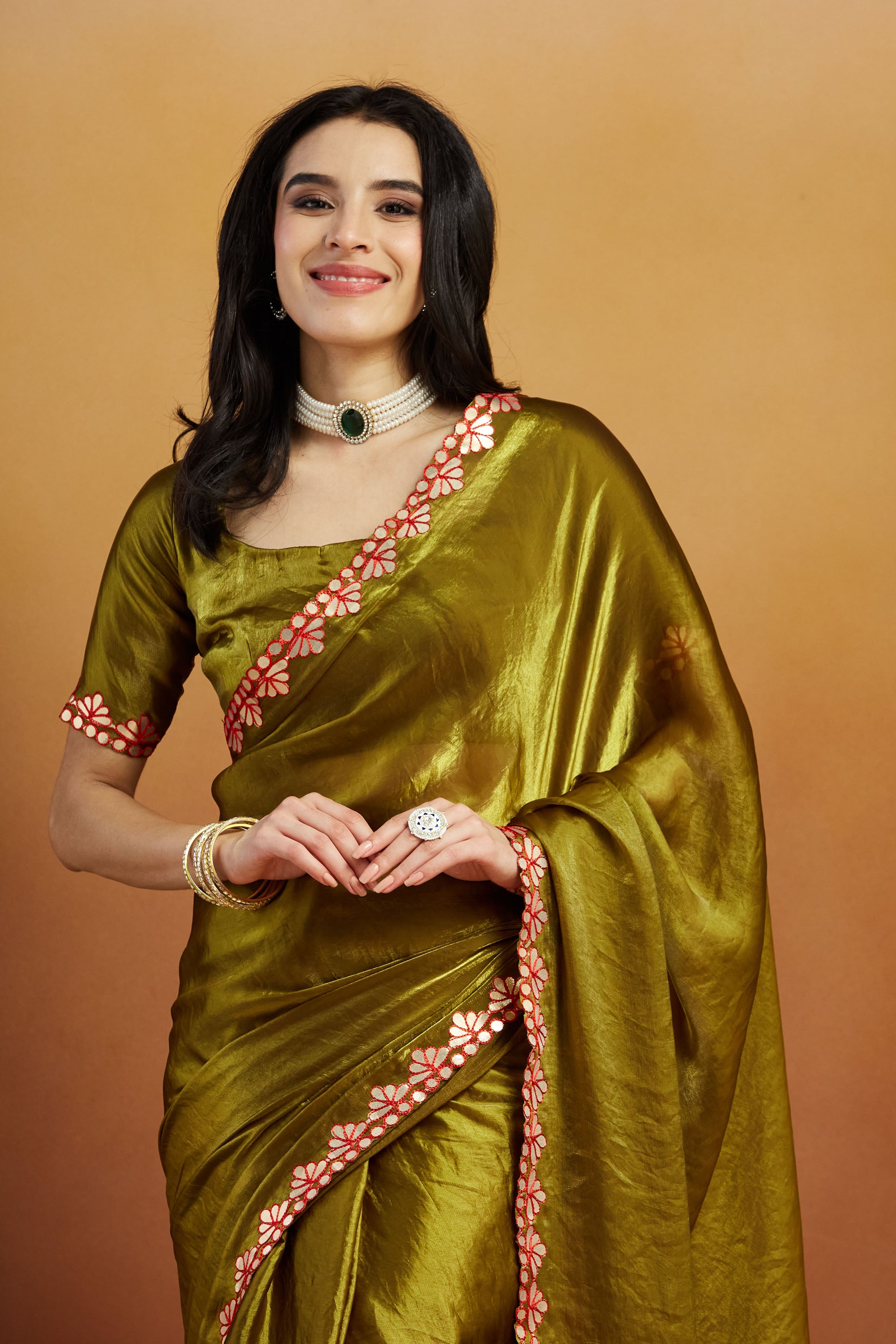 Gotta Aari Mirror Work Mehendi Satin Tissue Bordered Ready To Wear Saree