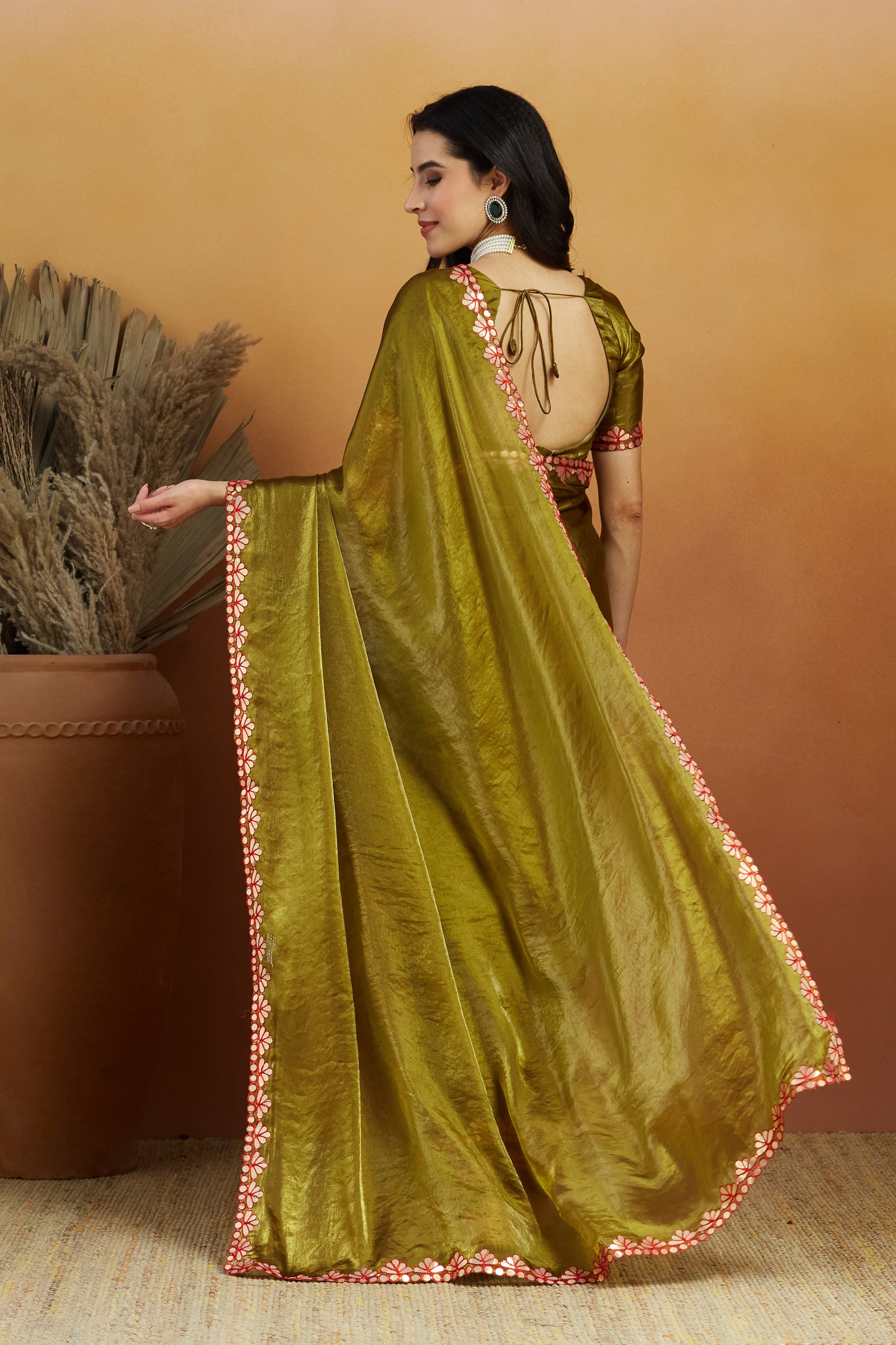Gotta Aari Mirror Work Mehendi Satin Tissue Bordered Ready To Wear Saree