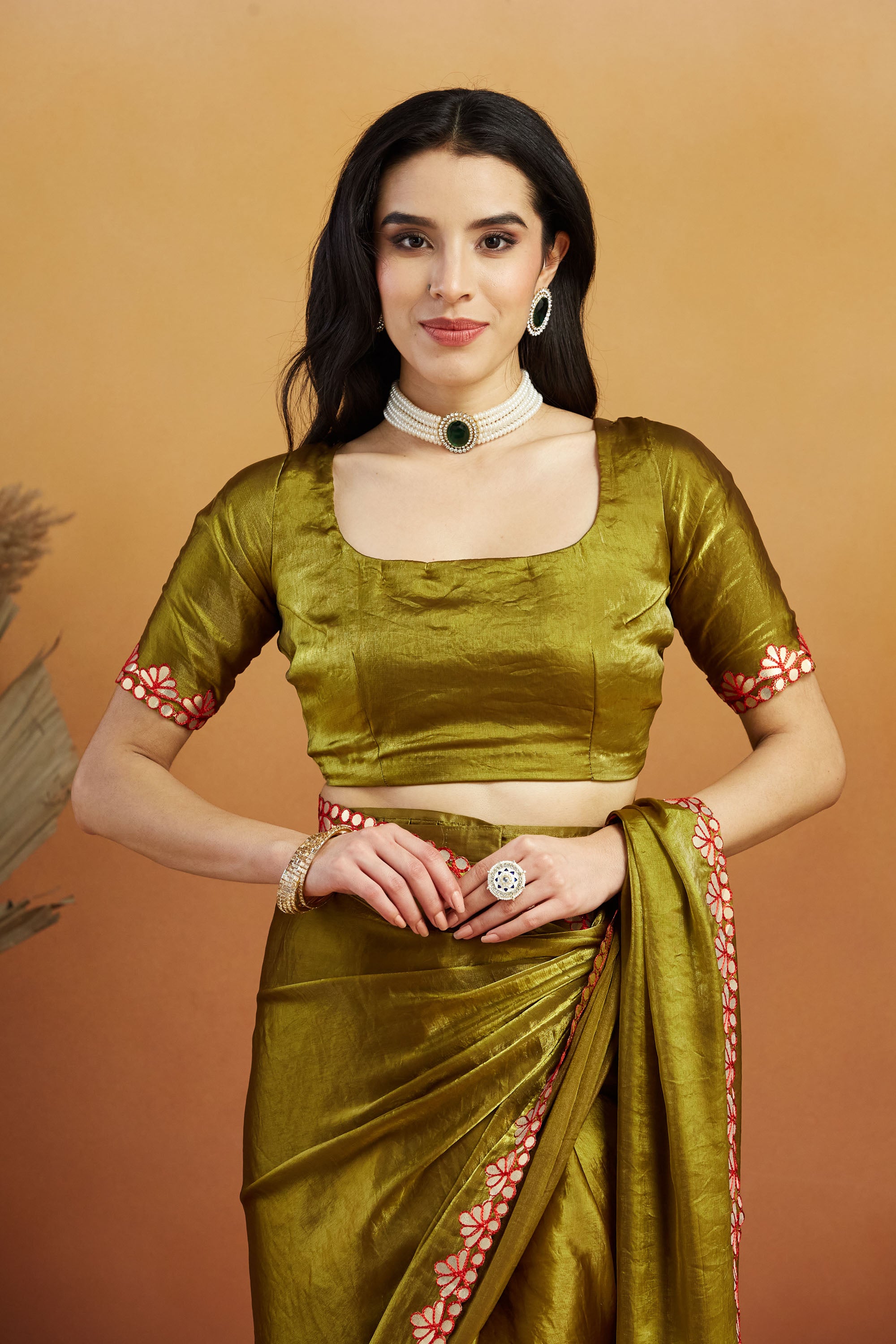 Gotta Aari Mirror Work Mehendi Satin Tissue Bordered Ready To Wear Saree