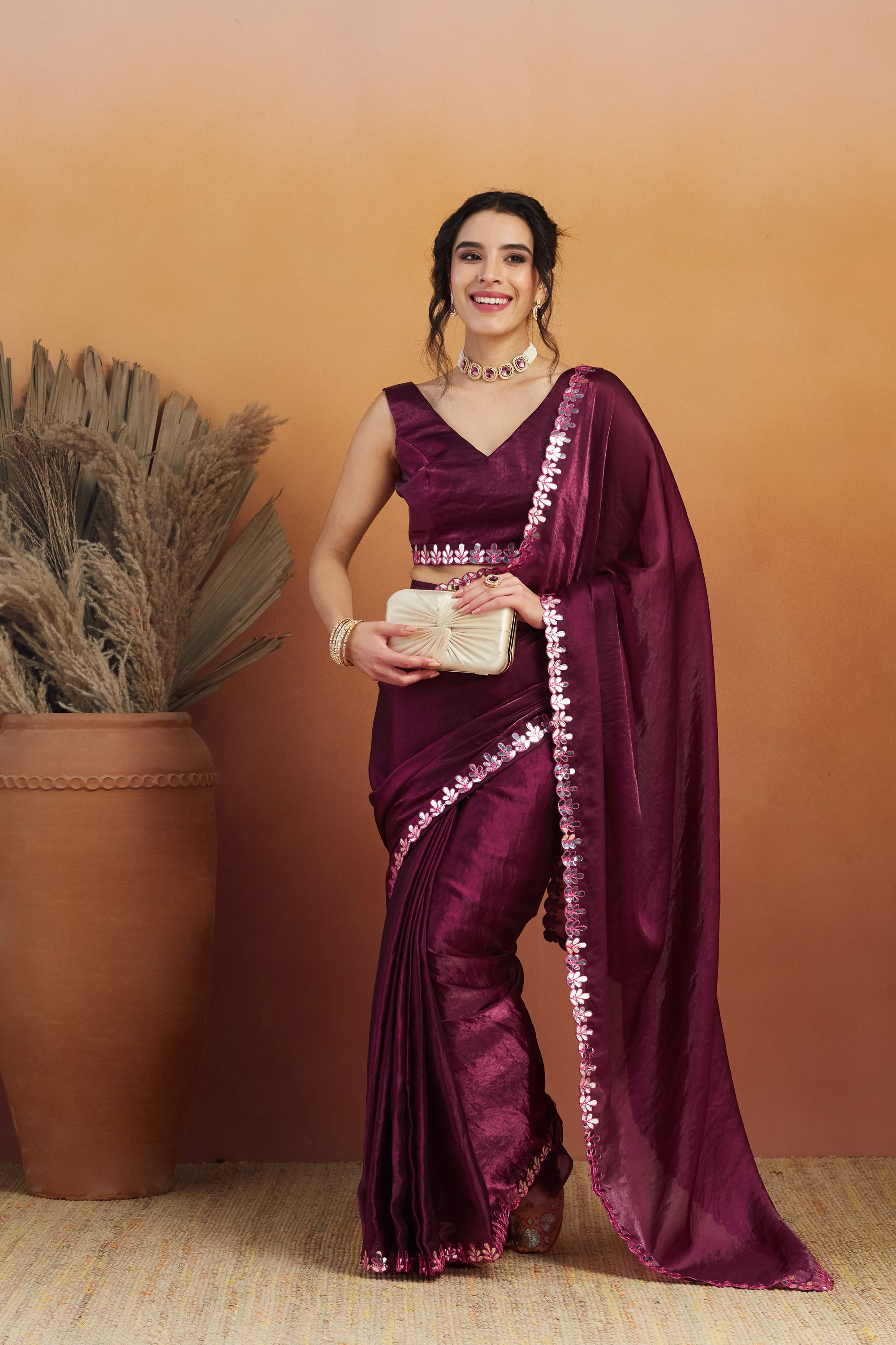 Gotta Aari Mirror Work Wine Satin Tissue Bordered Ready to Wear Saree