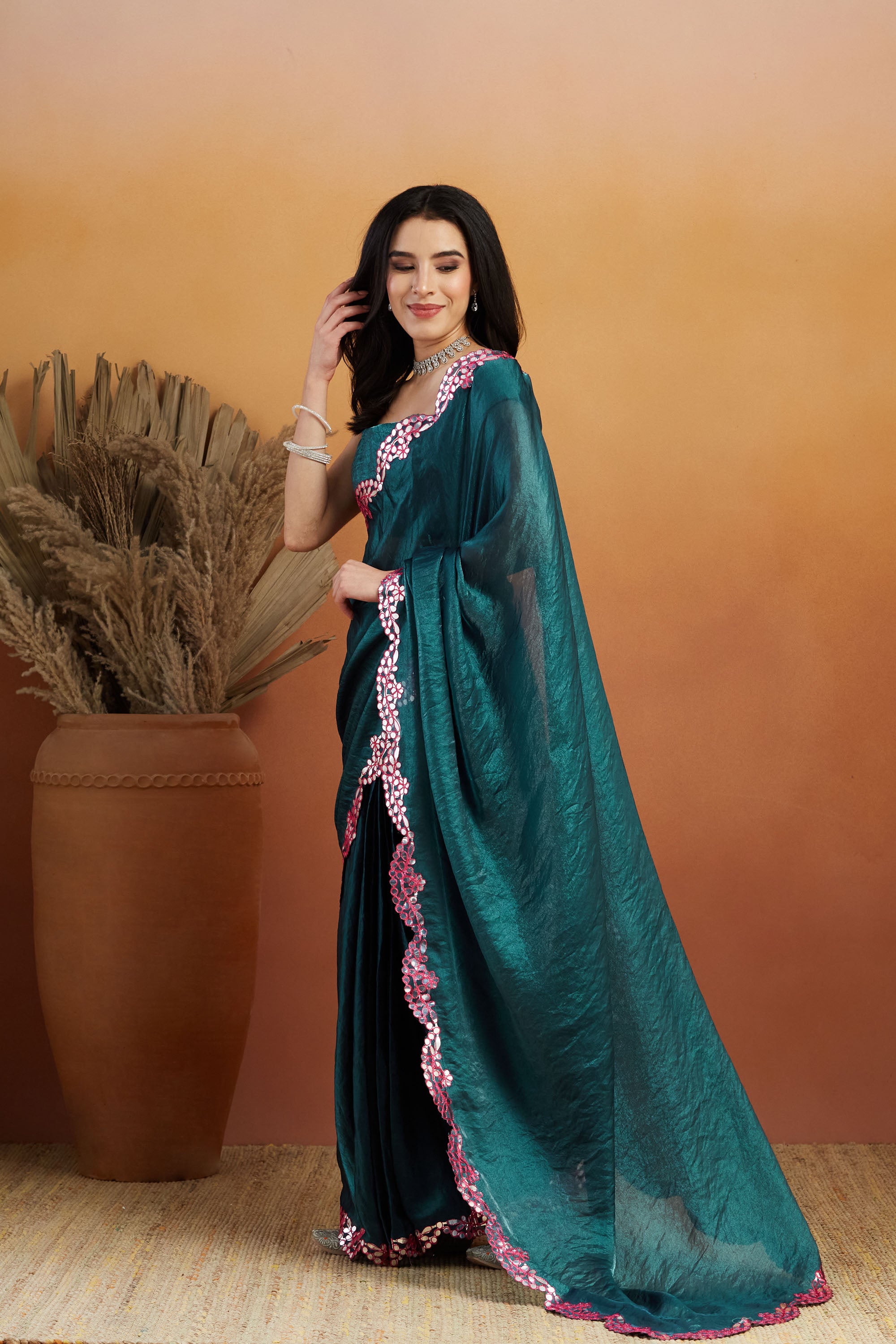 Aari Mirror Work Bluish Green Tissue Silk Ready to Wear Saree