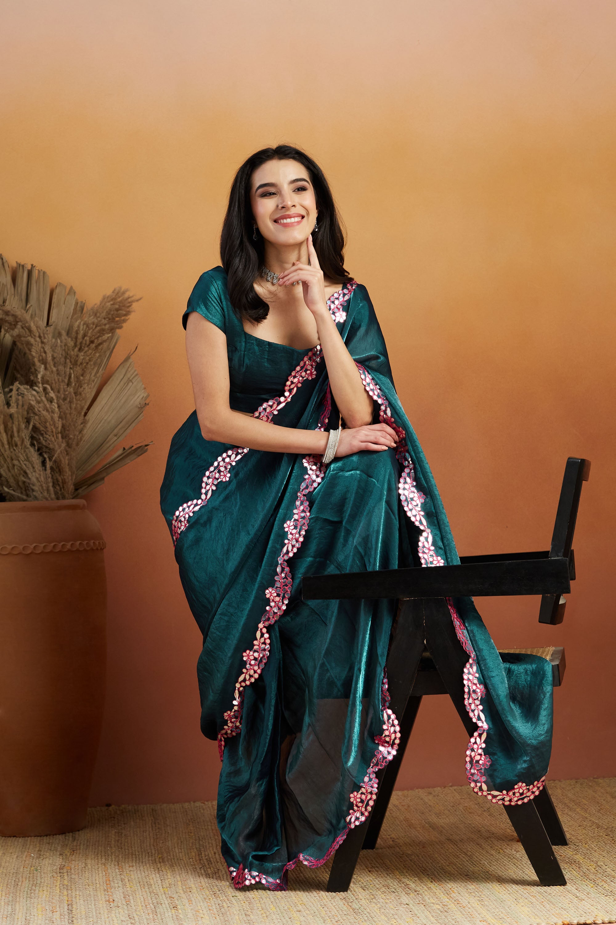 Aari Mirror Work Bluish Green Tissue Silk Ready to Wear Saree