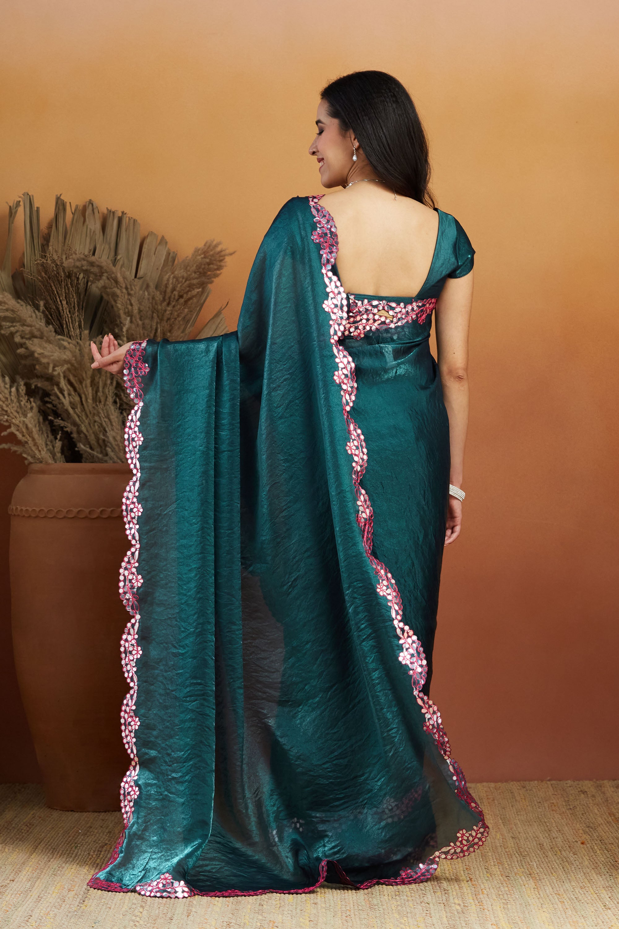 Aari Mirror Work Bluish Green Tissue Silk Ready to Wear Saree