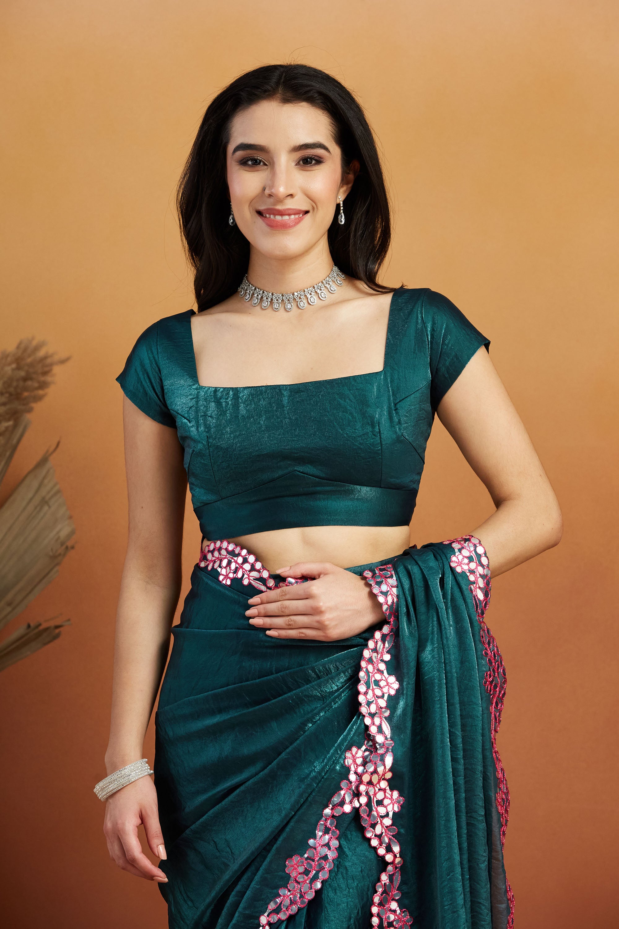 Aari Mirror Work Bluish Green Tissue Silk Ready to Wear Saree