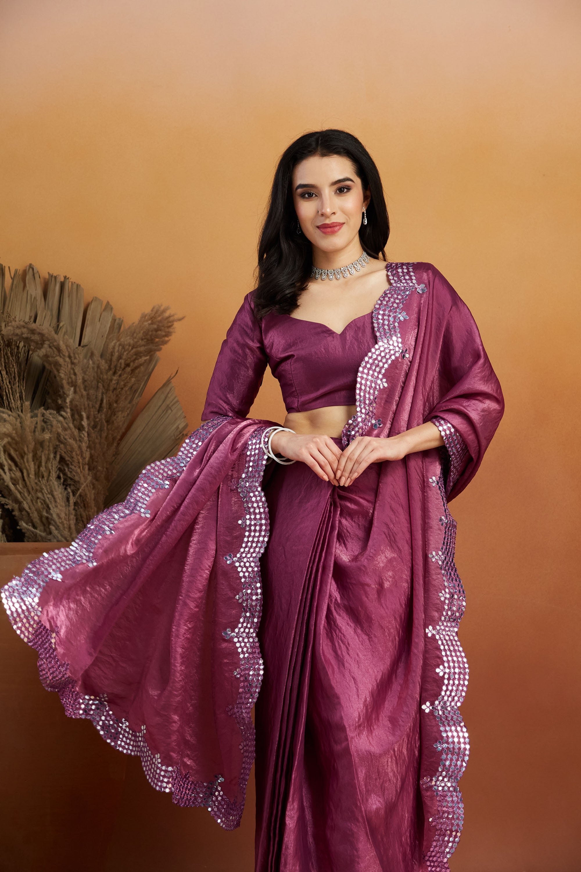 Aari Mirror Work Fandy Glass Tissue  Saree