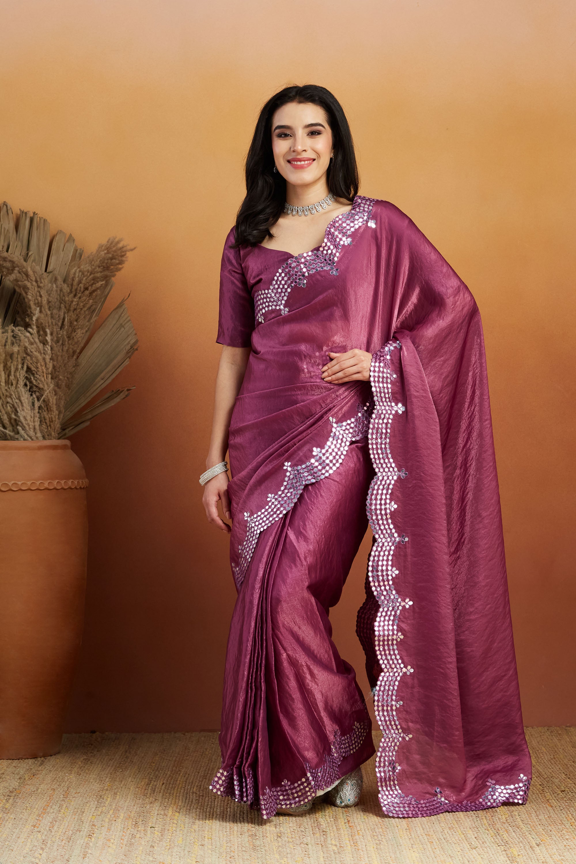 Aari Mirror Work Fandy Glass Tissue  Saree