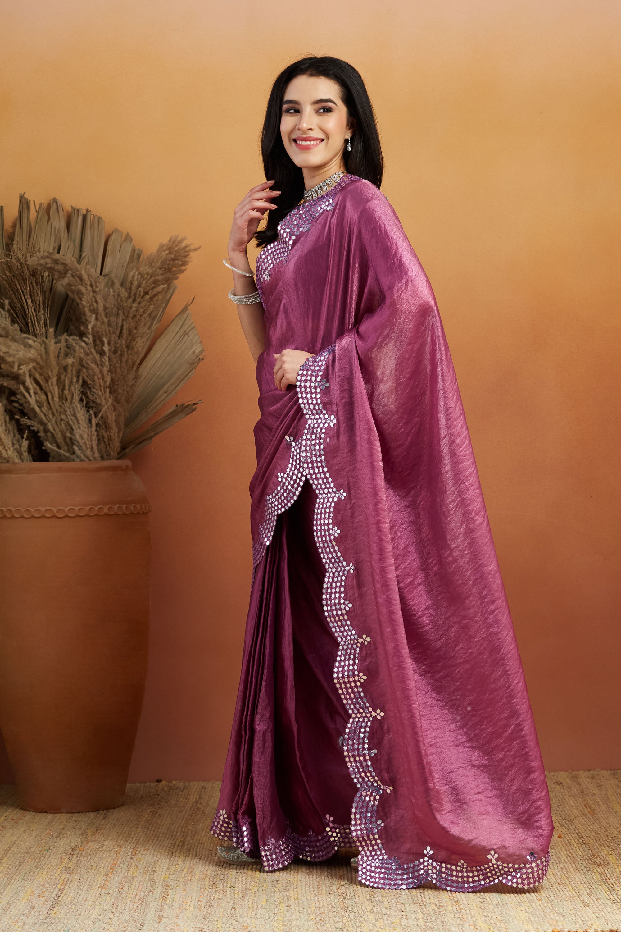 Aari Mirror Work Fandy Glass Tissue Ready to Wear Saree