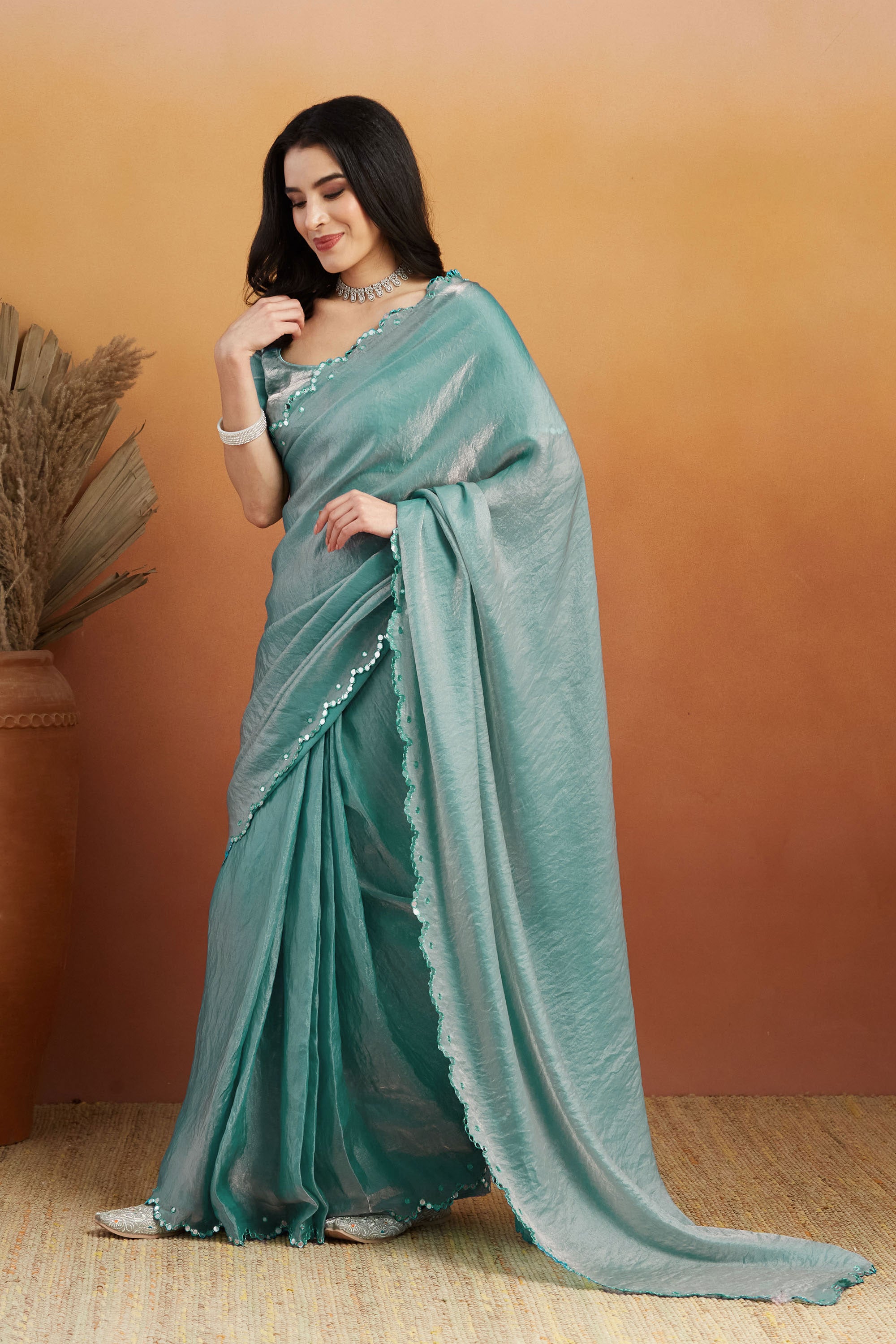 Ari Mirror Cut Work Sky Blue Glass Tissue  Saree
