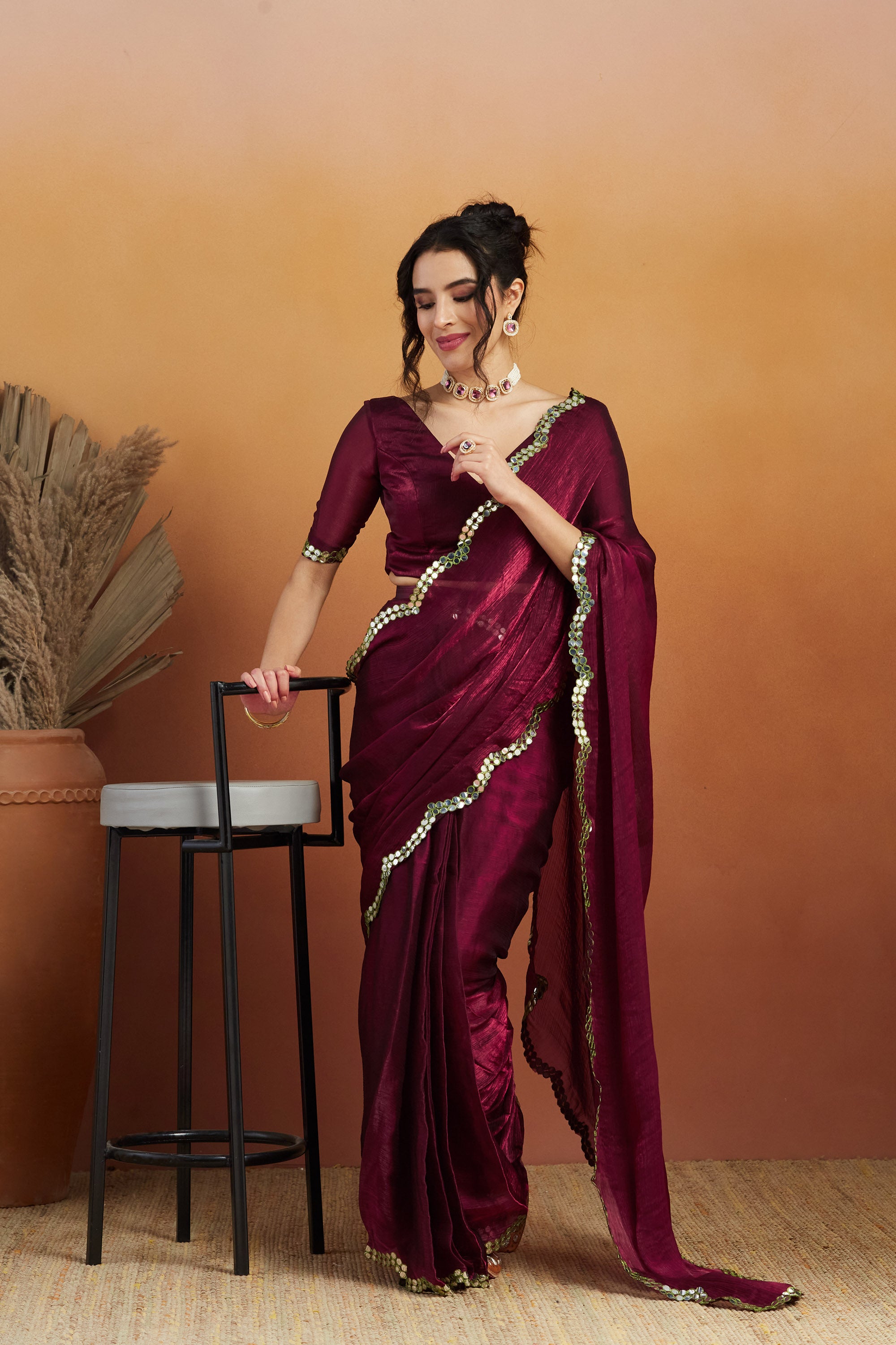 Aari Cut Mirror Work  Burgundy  Glass Tissue  Saree