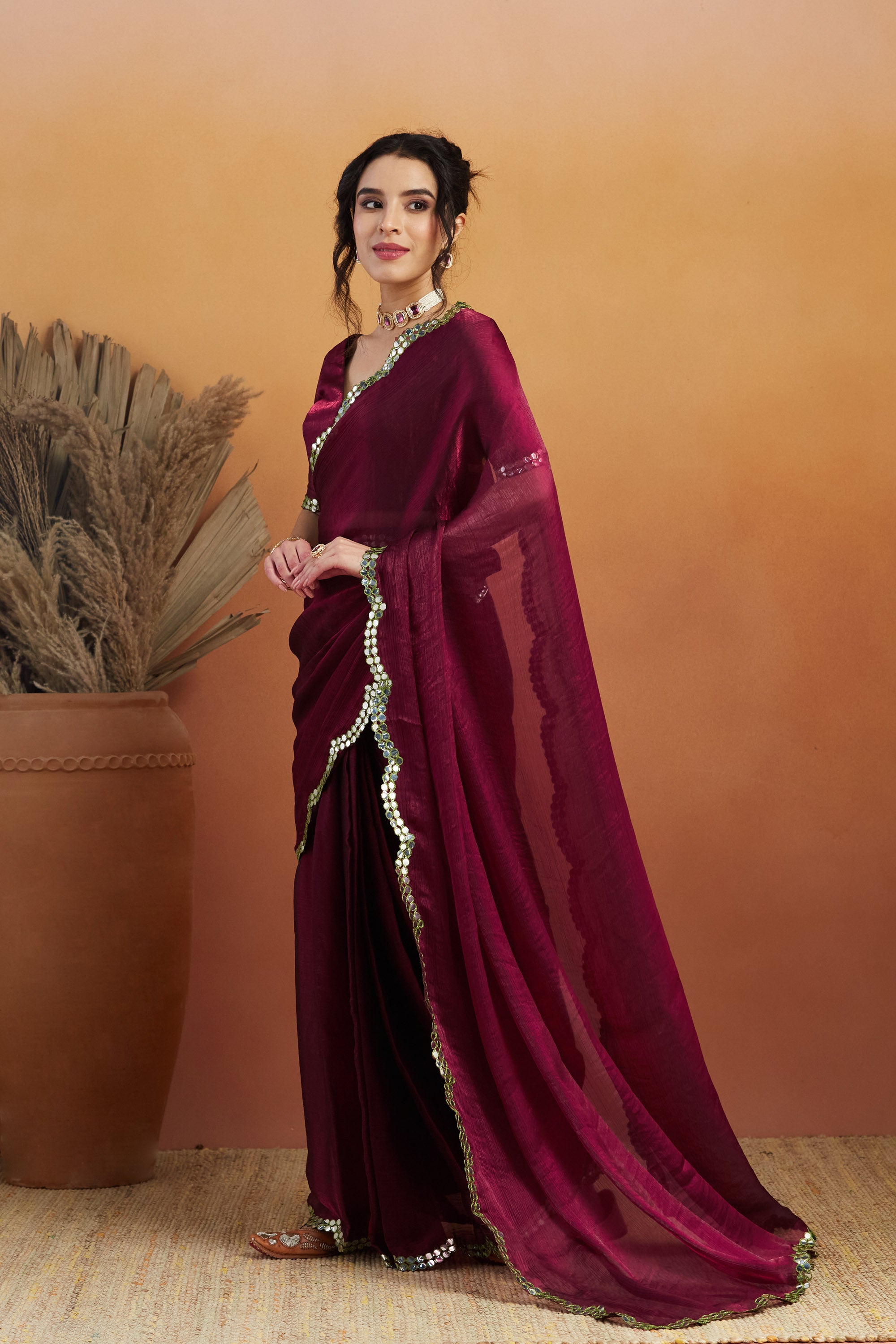 Aari Cut Mirror Work  Burgundy  Glass Tissue  Saree