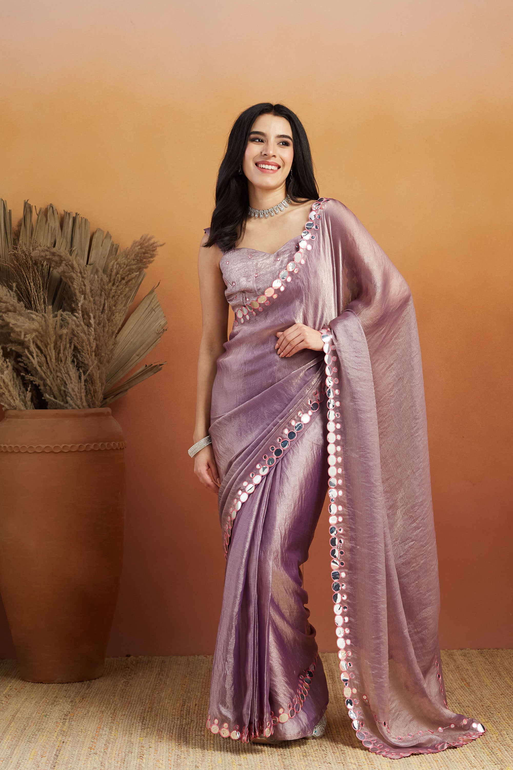 Aari Embroidery Mirror Work Purple Glass Tissue  Saree