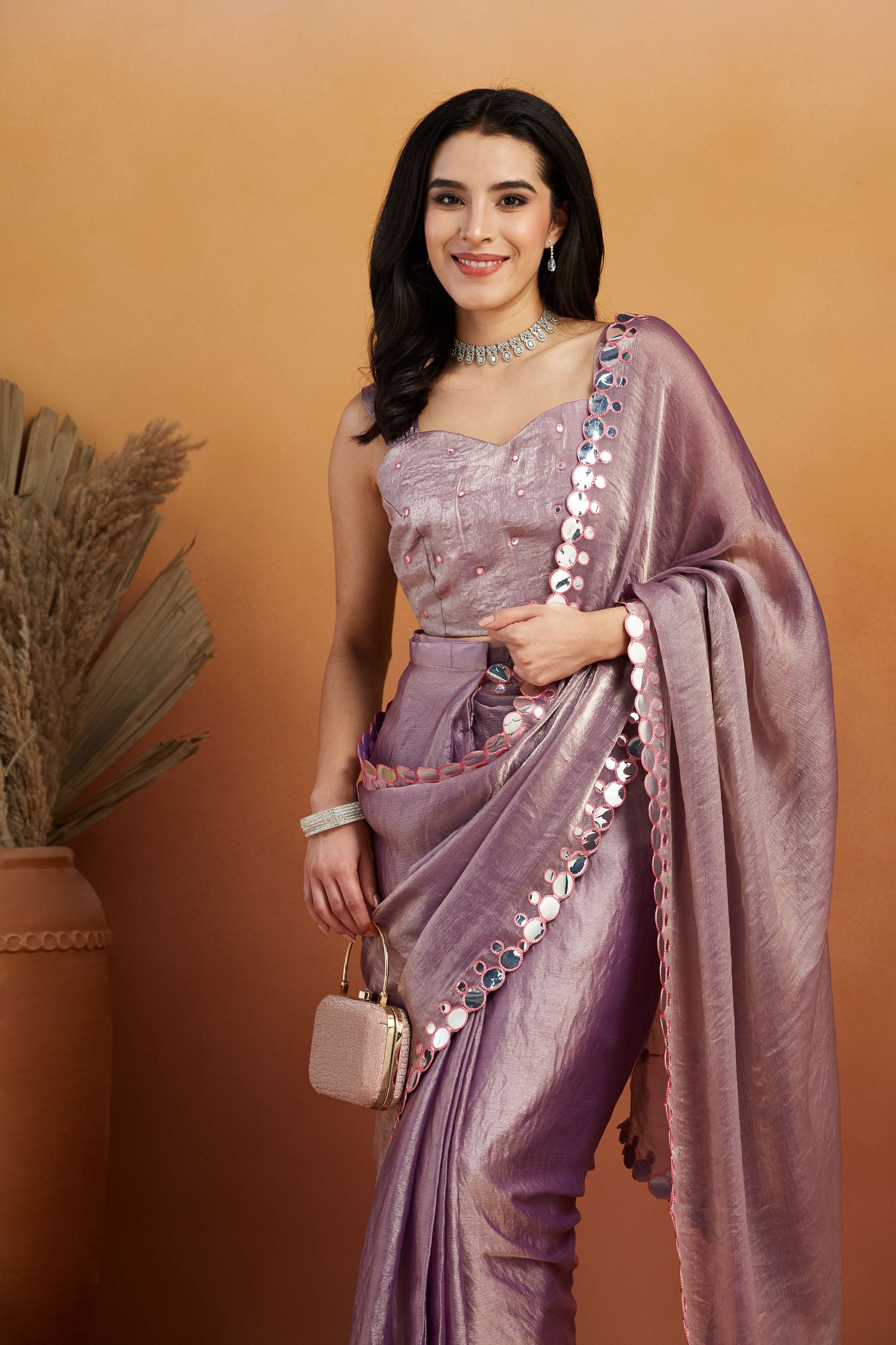Aari Embroidery Mirror Work Purple Glass Tissue  Saree