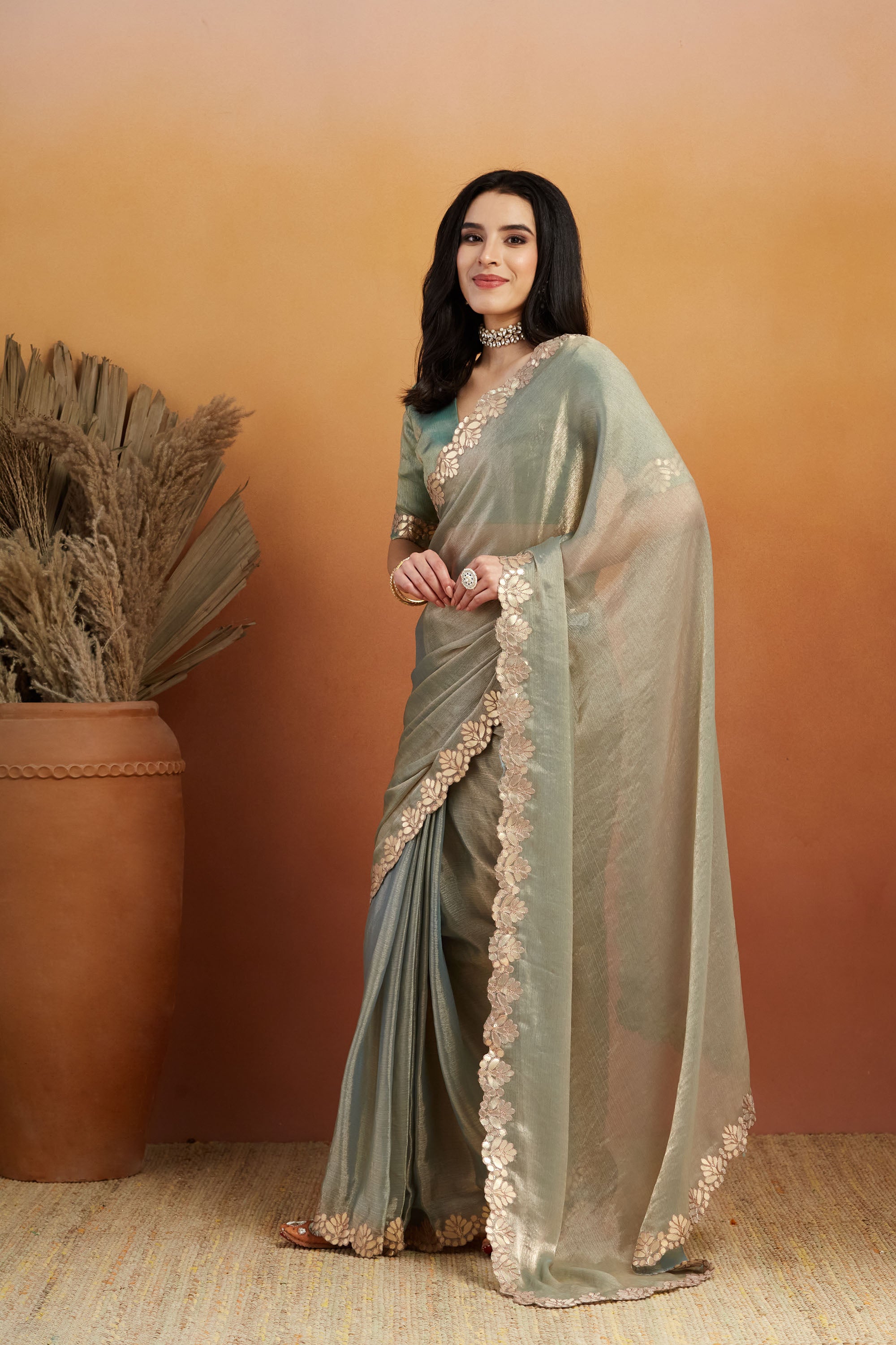Gotta Pati Lace Work Satin Tissue Silk  Saree