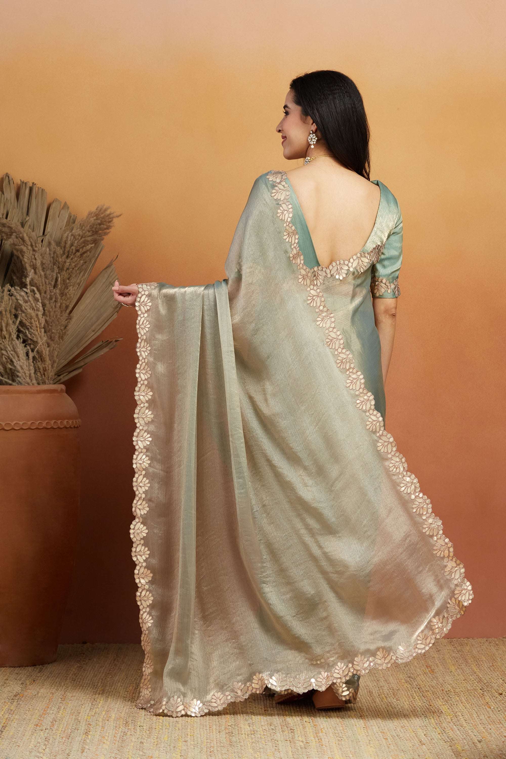 Gotta Pati Lace Work Satin Tissue Silk  Saree