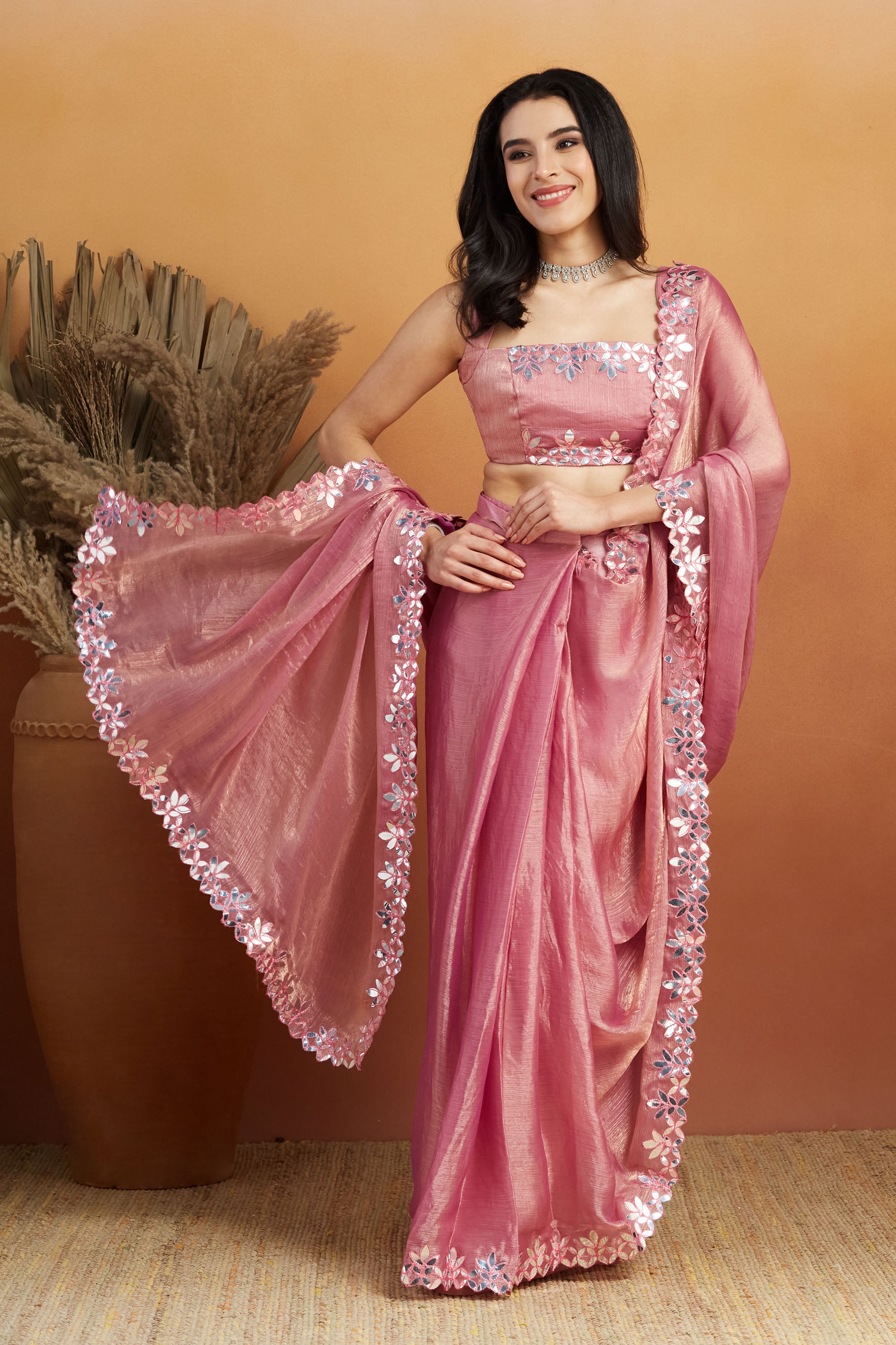 Gota Pati Lace Work Pink Glass Tissue  Saree
