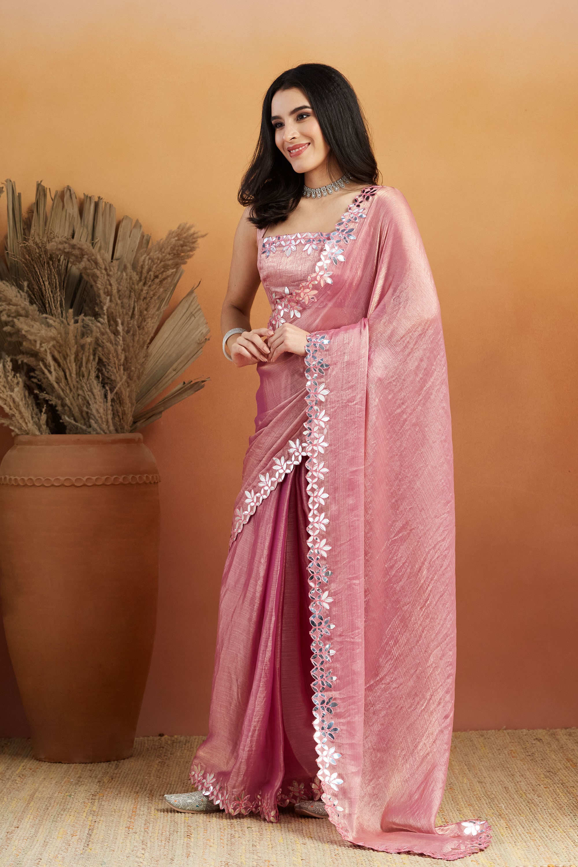 Gota Pati Lace Work Pink Glass Tissue  Saree