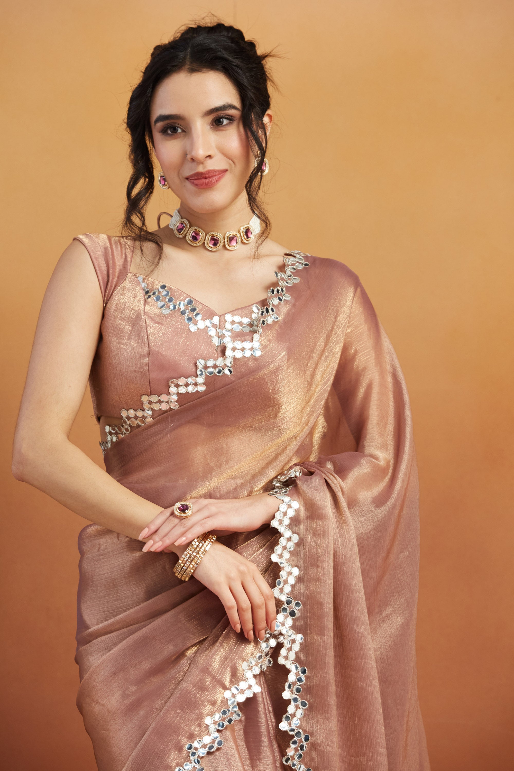 Ari Mirror Cut Work Shiney Silver Chiffon  Saree