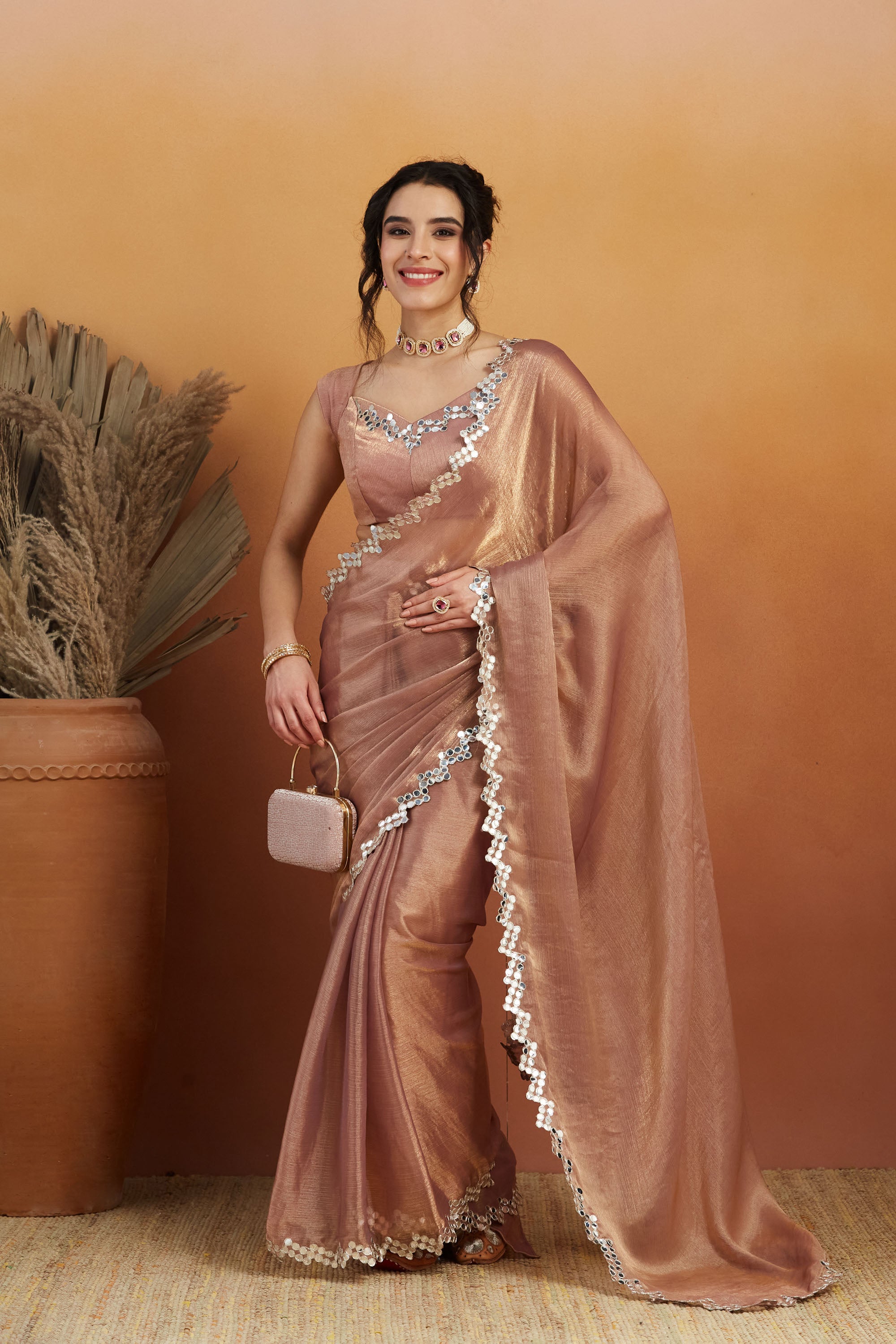Ari Mirror Cut Work Shiney Silver Chiffon  Saree
