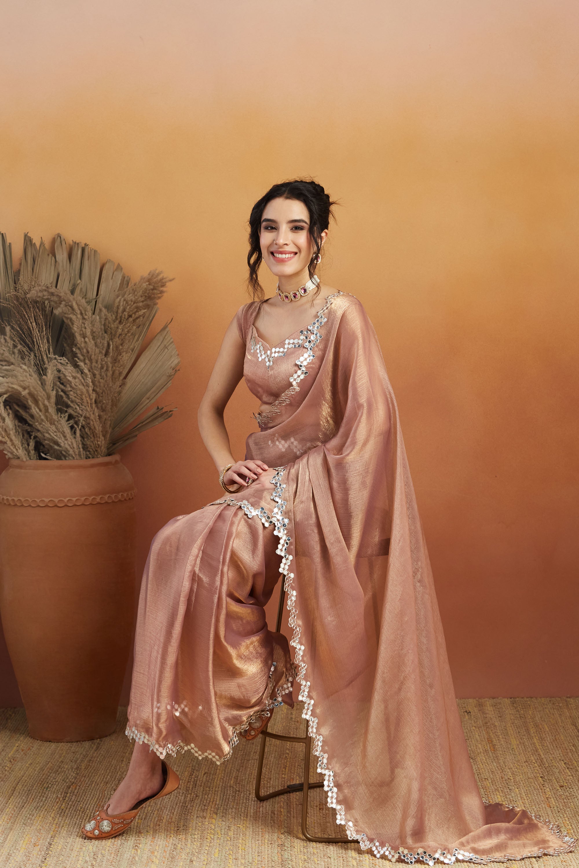 Ari Mirror Cut Work Shiney Silver Chiffon  Saree