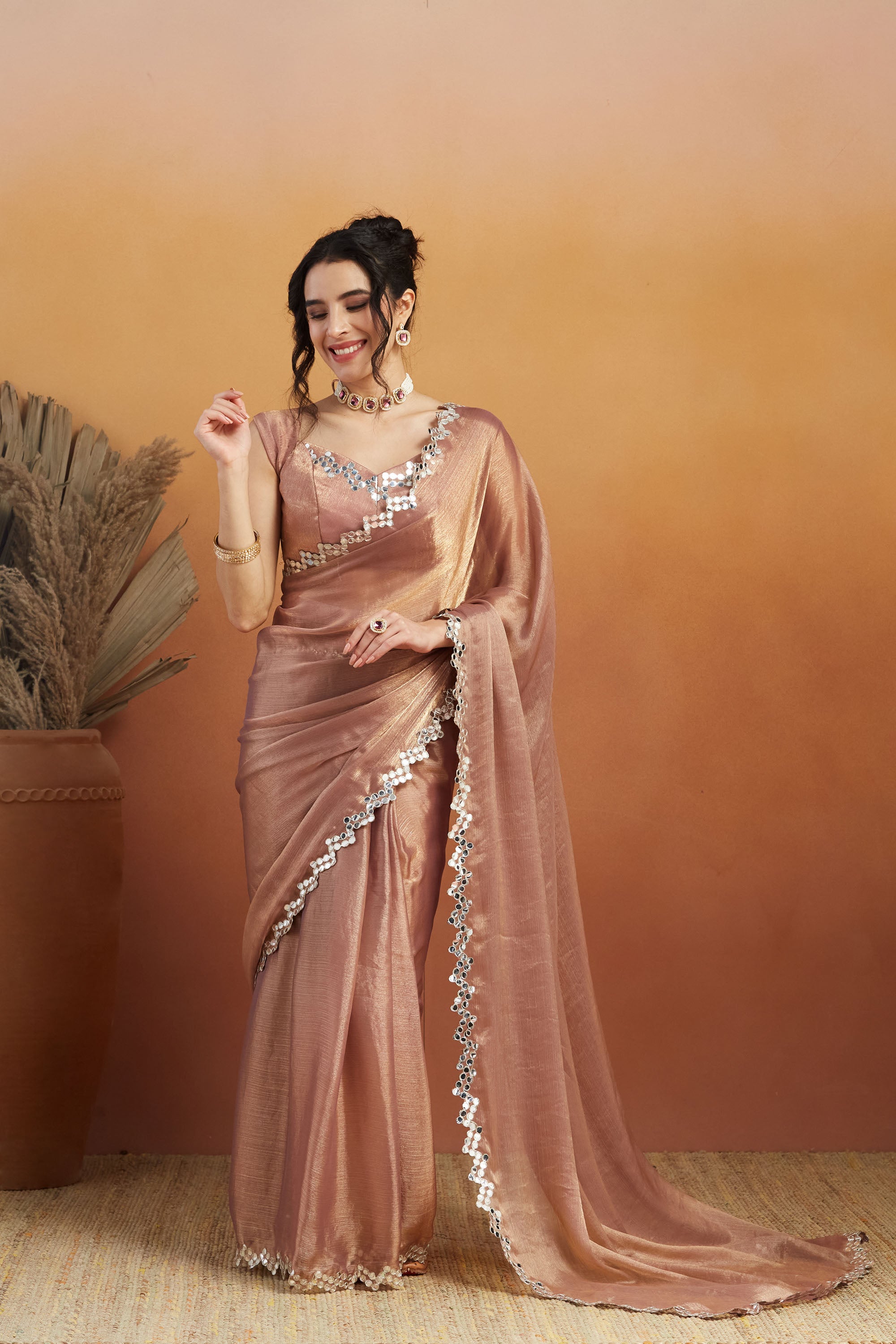 Ari Mirror Cut Work Shiney Silver Chiffon  Saree