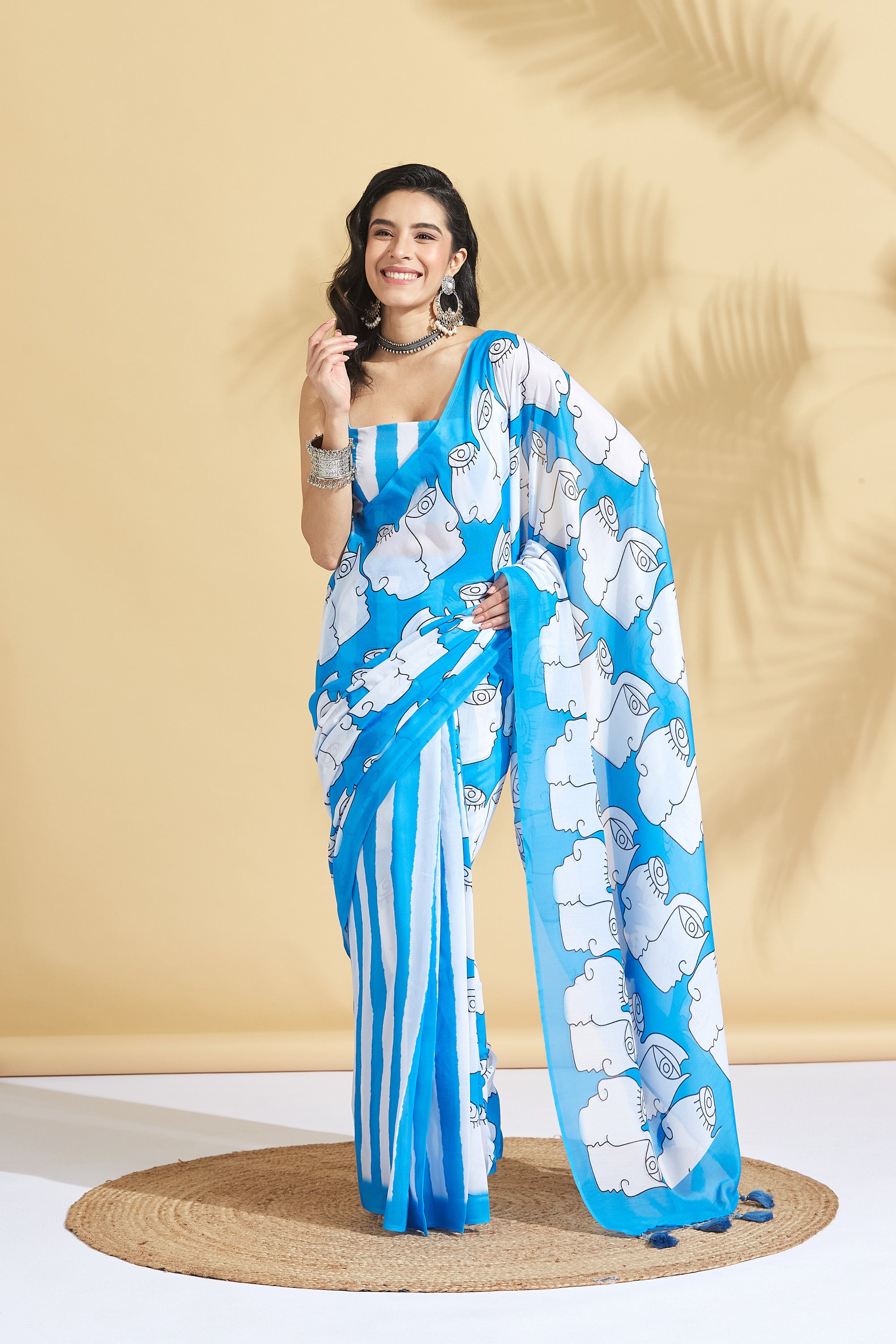 Digital Mural Face Prints Soft Cotton Saree